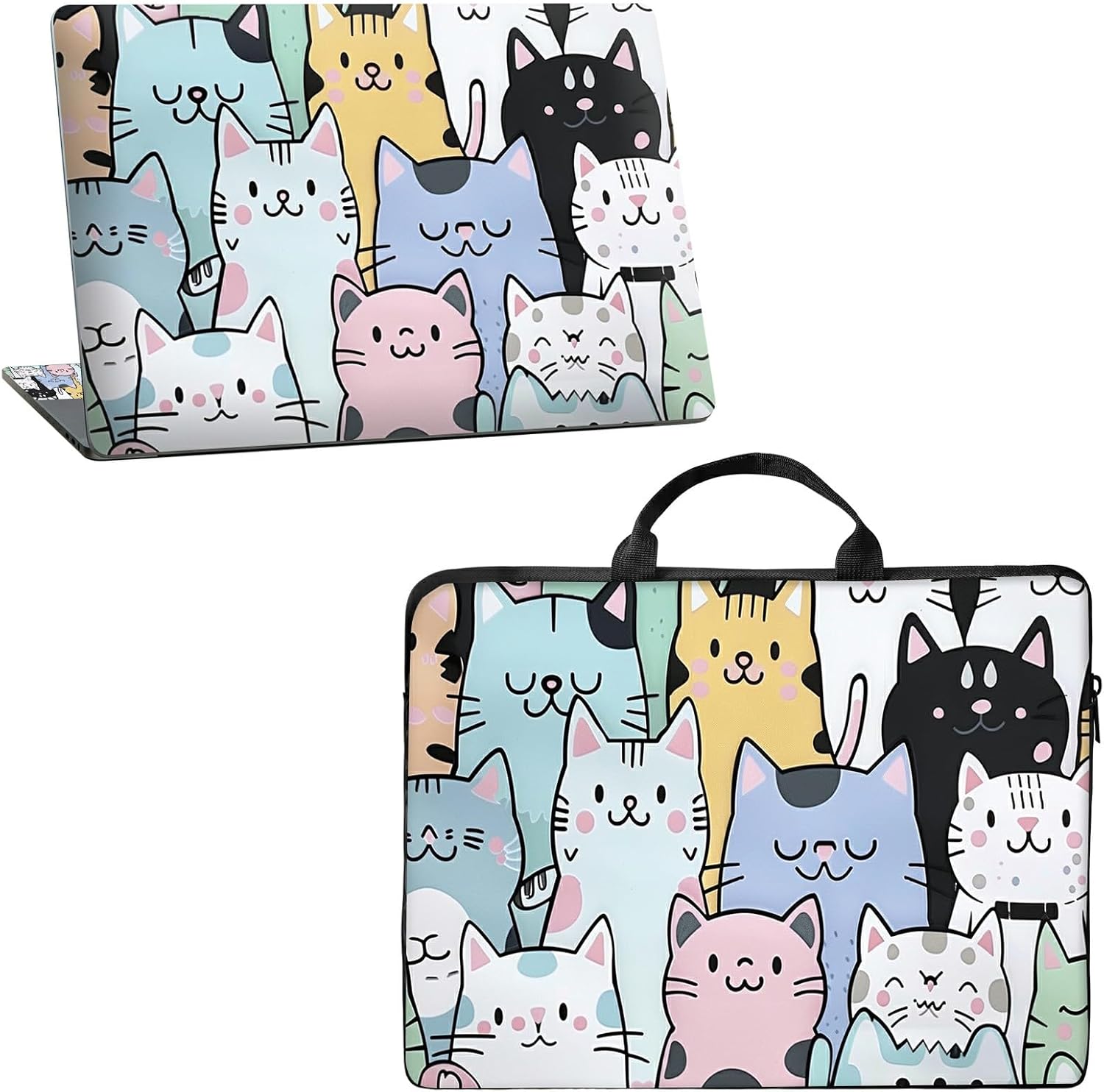 15.6 inch Laptop Sleeve Case with Laptop Skin Sticker Bundle – Waterproof Large Laptop Bag with Premium Zipper, Notebook Sleeve for Work Travel & Business, Cat Family