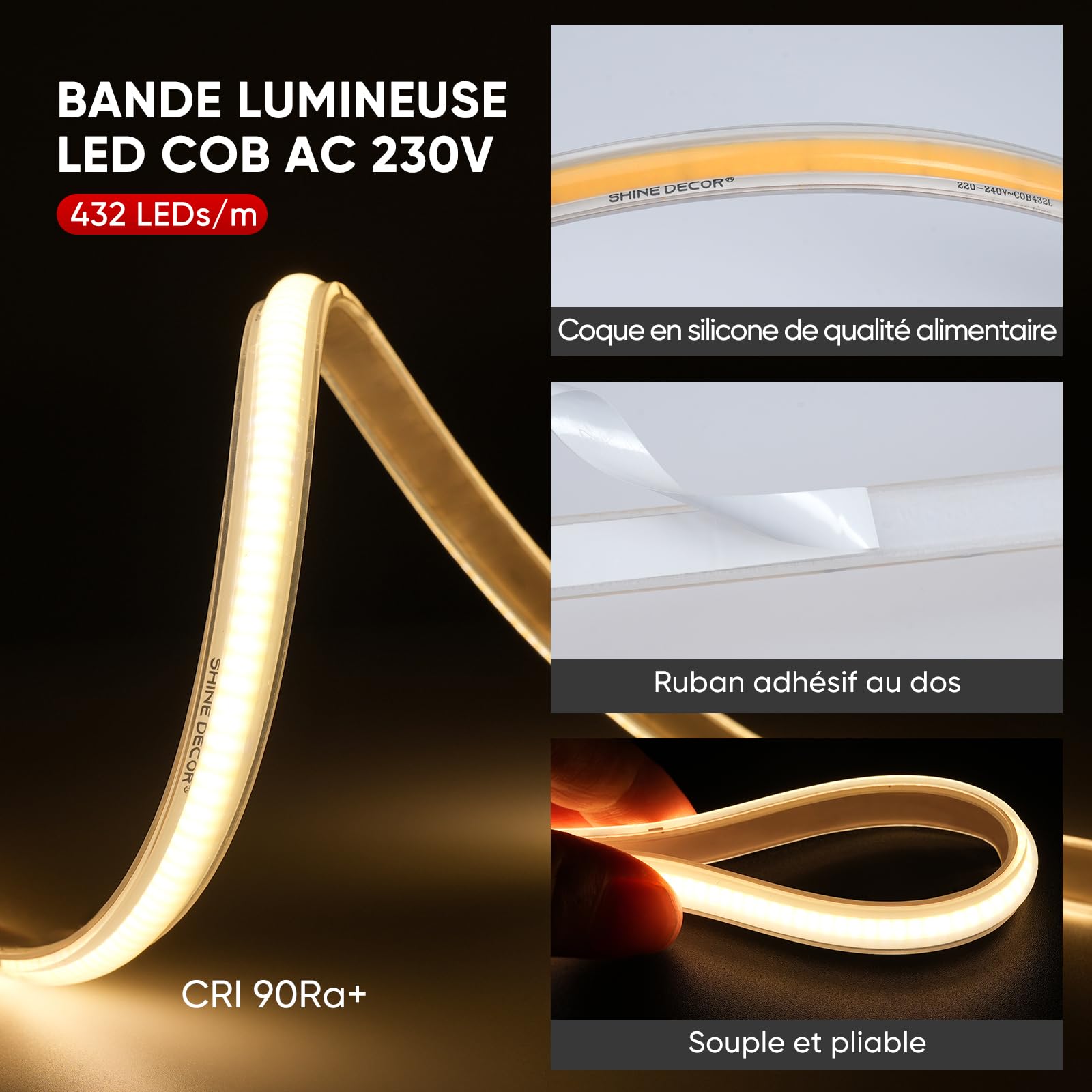 Shine Decor Bande Lumineuse à LED, AC 220V 230V Ruban LED, IP67 étanche, 432 leds/m Ultra Haute Luminosité Bande LED Certifié CE pour pour l'éclairage Intérieur et Extérieur (Blanc Froid,20m)