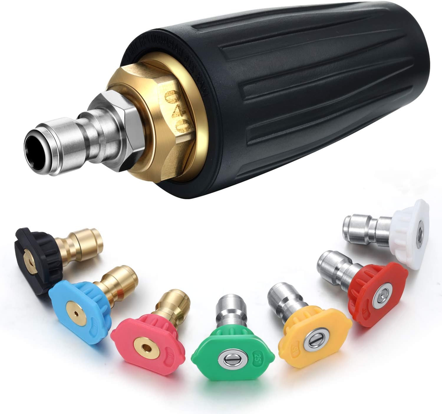 Mudder 4000 Psi Pressure Washer Rotating Turbo Nozzle 4.0 Gpm Quick Connector Turbo Nozzle with 7 Pieces Spray Tips Kit Multiple Degrees, Black