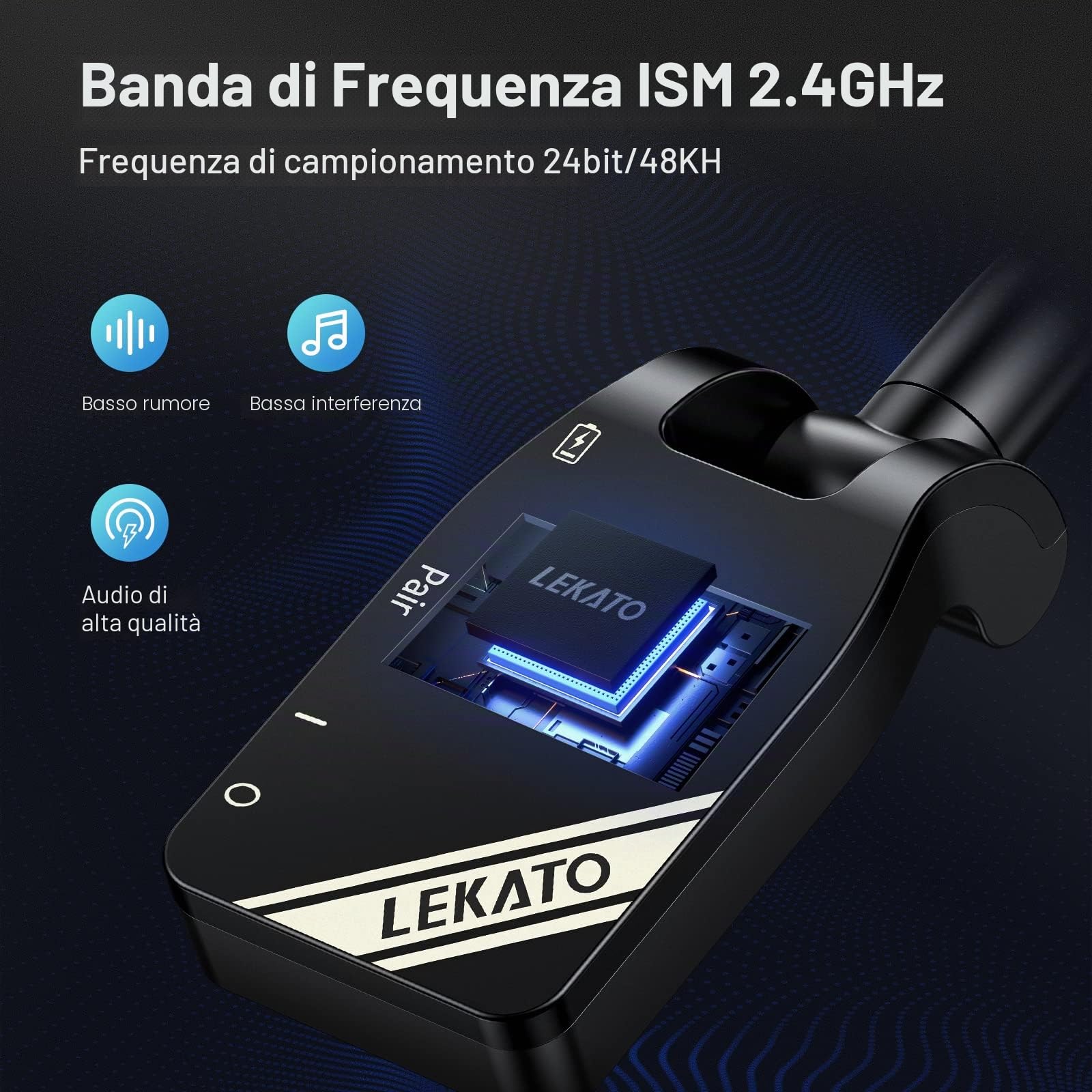 LEKATO Ssystem per chitarra wireless aggiornato 2,4 GHz Audio digitale per chitarra Trasmettitore wireless Ricevitore Batteria al litio ricaricabile incorporata Cavo wireless