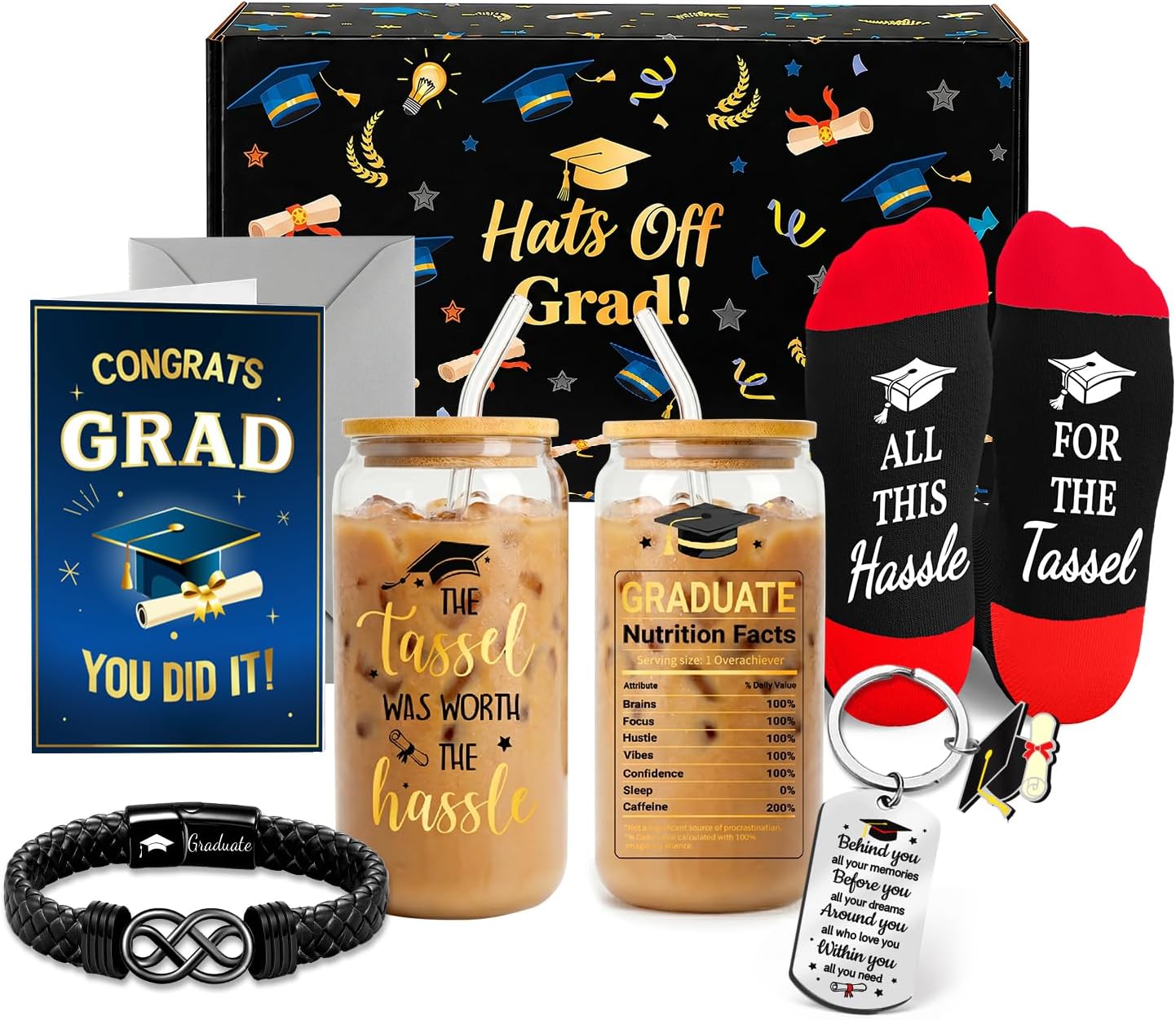 HAPPYPOP Graduation Gifts 2026 – 5-Piece Gift Box with Glass Cup, Bracelet, Keychain, Socks & Congrats Card for Men Him