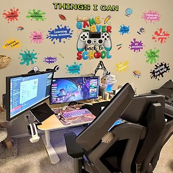 Back to School Wall Art, Game Over Motivational Poster Gamer Wall Sticker Gaming Controller Joystick Wall Decals Removable Video Games Wall Stickers Game Boy Wall Art for Bedroom Playroom Decoration