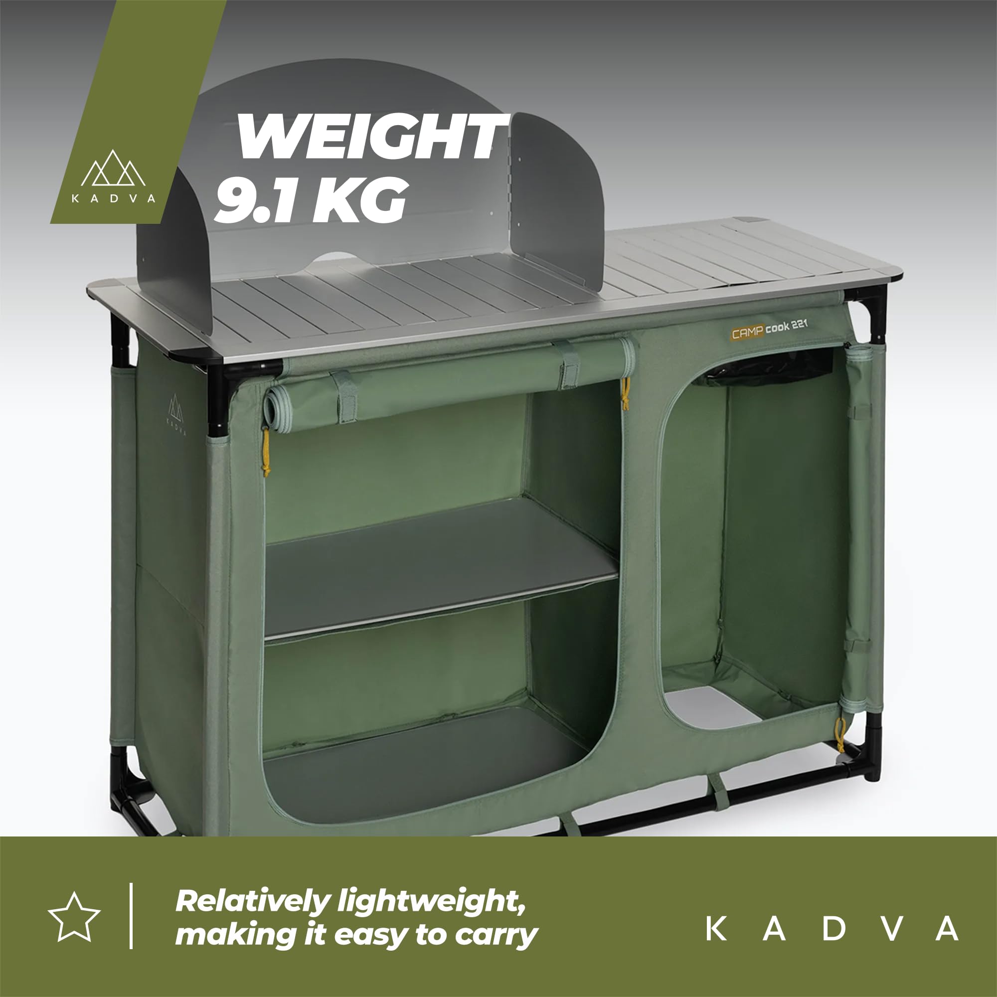 KADVA CAMPCook 221 Camping Küchenschrank faltbar 48,5x121x83,5 cm Campingschrank aus strapazierfähigen Materialien Leichte und stabile Konstruktion Einfacher Aufbau und Transport Farbe Grün