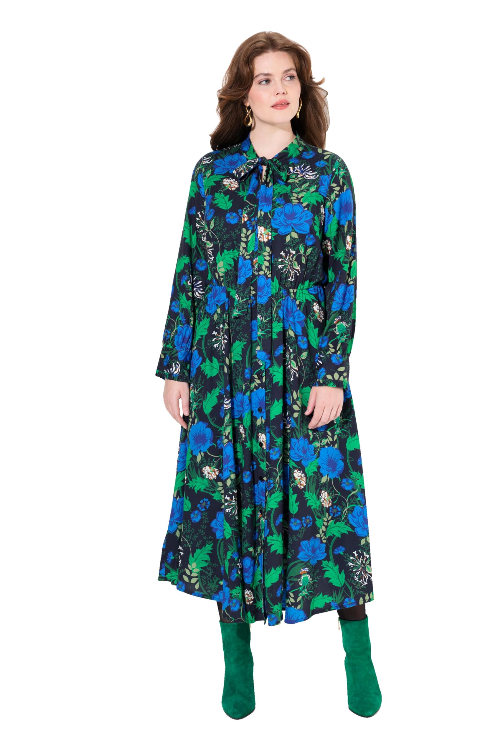 Ulla Popken Damen große Größen Übergrößen Plus Size Maxikleid, A-Linie, V-Ausschnitt, Schluppe, Langarm 832858