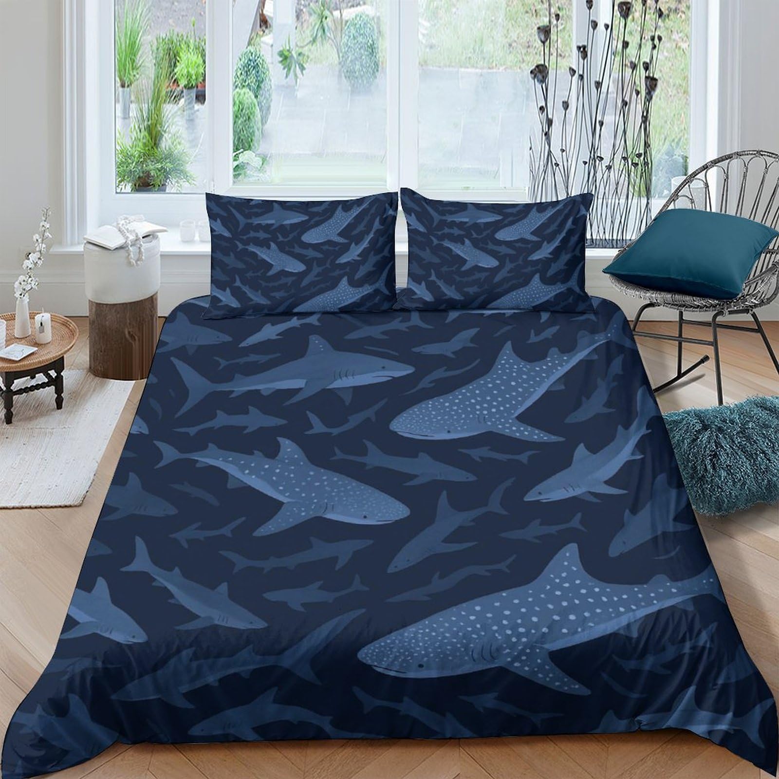 Ctjqhvkz Style-3 3D Printed Dark Shark Ocean Fitted Sheet Microfiber Soft Navy Blue Marine Mattress Cover For Bedroom Guestroom Decor Single（135X200cm）