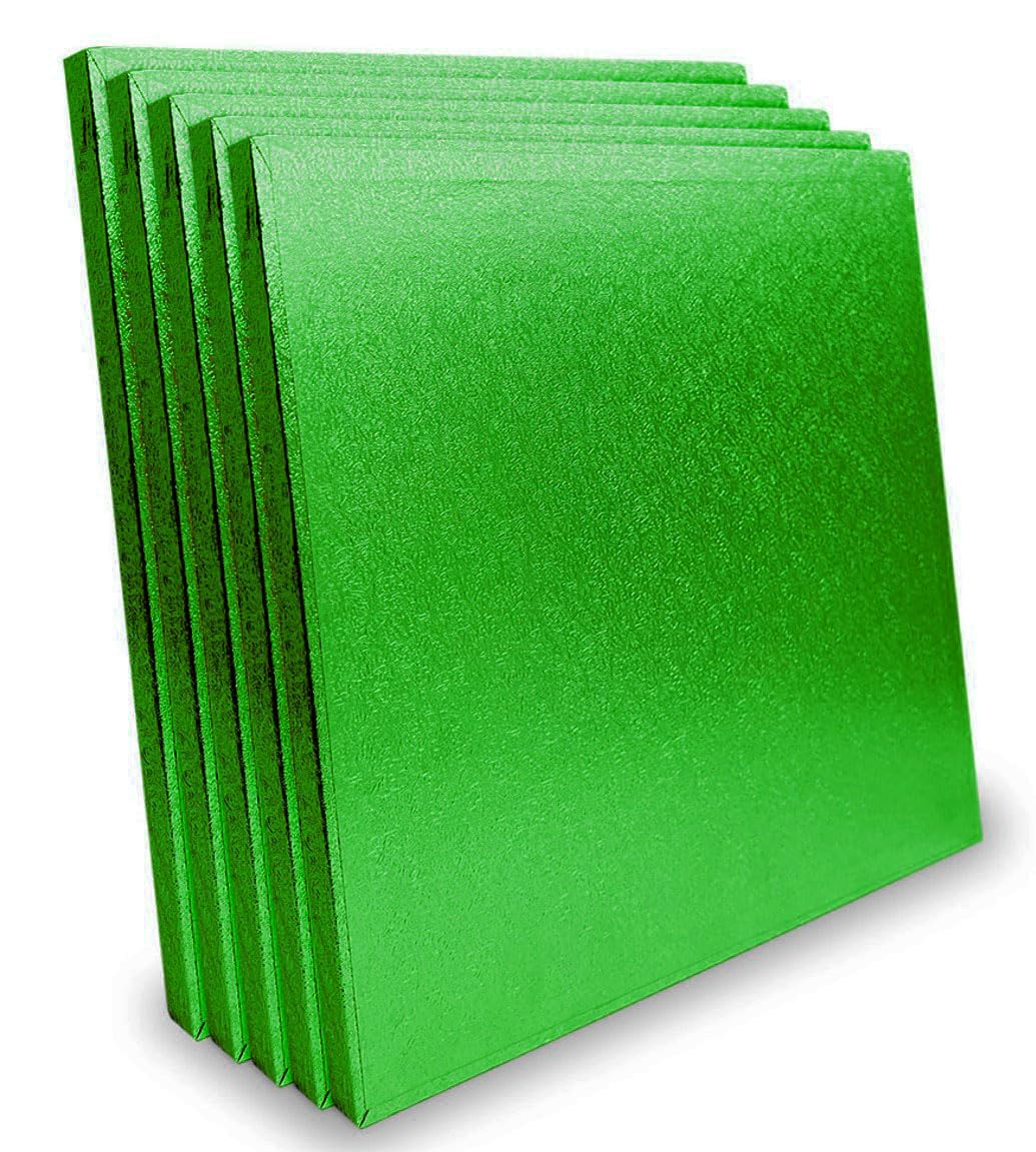 LARRYROO Pack of 5 Square Cake Drums 13mm Thick Boards Colourful Foil Covered (Green, 12 Inches)