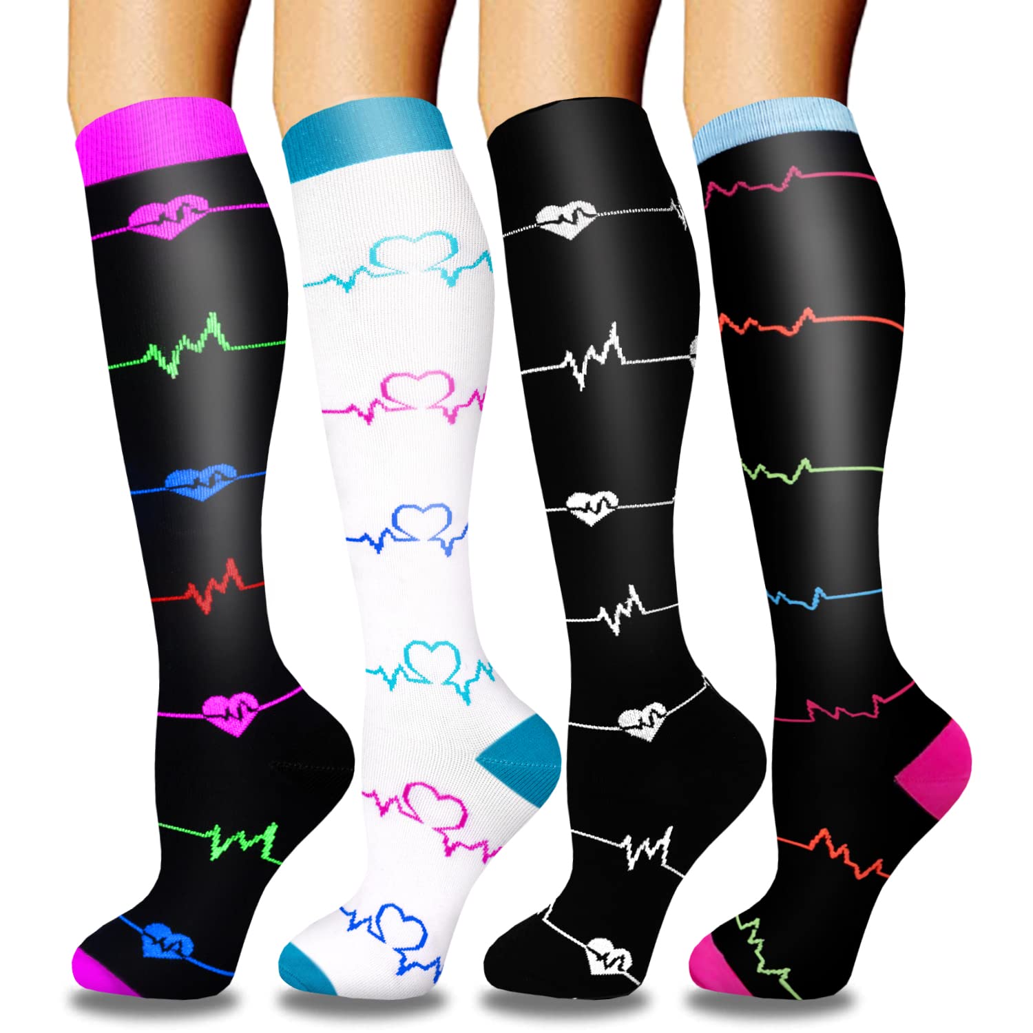 ACTINPUT Bas de Contention Femme et Homme，4 Paires Chaussettes de Compression pour Sportive, Cyclisme, Voyage en Avion, Course à pied, de Grossesse，de Vol et de Voyage