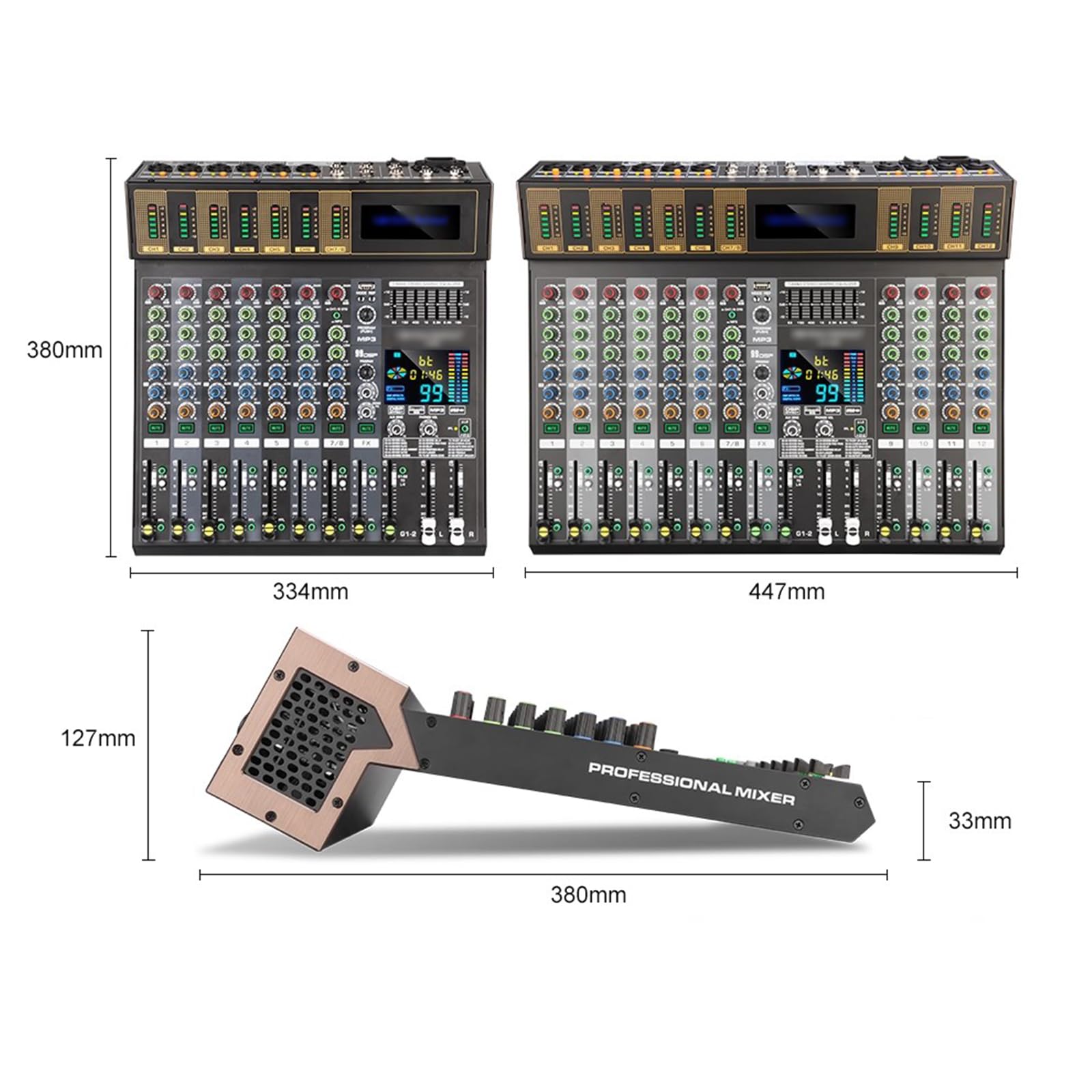 12-kanałowa płyta miksera audio, konsola dźwiękowa miksera DJ, z 99 efektami DSP/7-pasmowym EQ, Bluetooth, interfejsem USB, zasilanie fantomowe 48 V, do podcastów, muzyki, nagrywania, PC