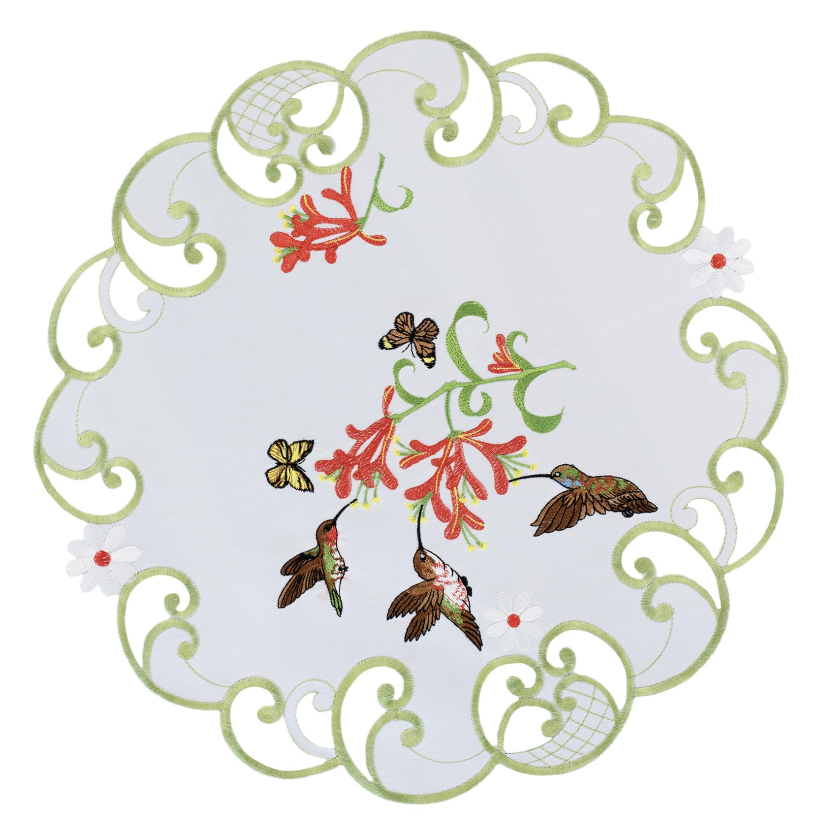 Linens, Art and Things Decorative Hummingbird Table Doily, White with Green Border, Embroidered Floral Design (15 Inch Round)