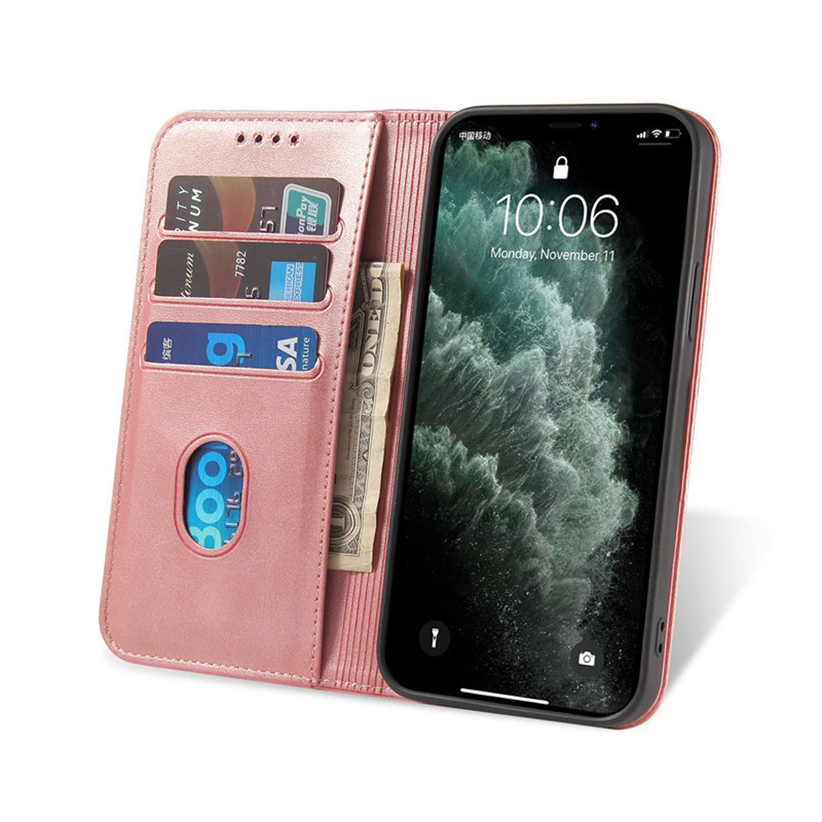LTL Etui na telefon do iPhone 13 Mini/13/13 Pro/13 Pro Max, ręcznie robione skórzane etui z klapką z przegródkami na karty, etui na telefon, magnetyczne zamknięcie, różowe, 13 6,1 cala