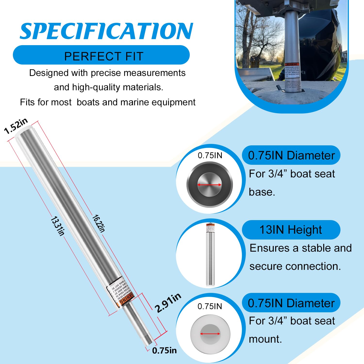 3/4" Boat Seat Pin Boat Pedestal Post– 13 Inches Tall, 1.5-Inch Diameter, Non-Threaded, Aluminum Pin for Marine Applications for Pontoon, Fishing & Bass Boats SP-2134 (13IN, 2 Pack)