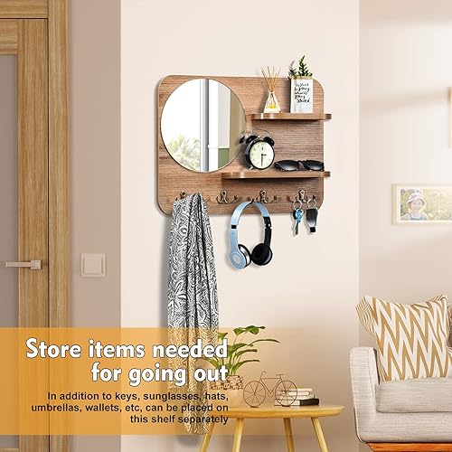 Miniatura 10 de Perchero rústico de madera para colgar en la pared, con espejo y 4 ganchos dobles, estante decorativo con gancho de entrada para pasillo, sala de