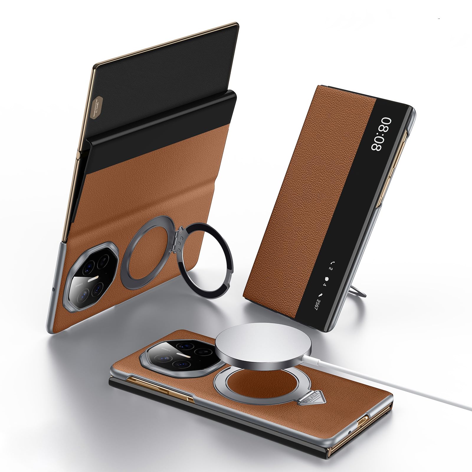 Compatible with Huawei Mate XT Case Smart Clear View Case[Compatible with Mag-Safe][with Adjustable Ring Stand] Slim Genuine Leather Wallet Flip Case Protective Shockproof for Women Men(Brown)