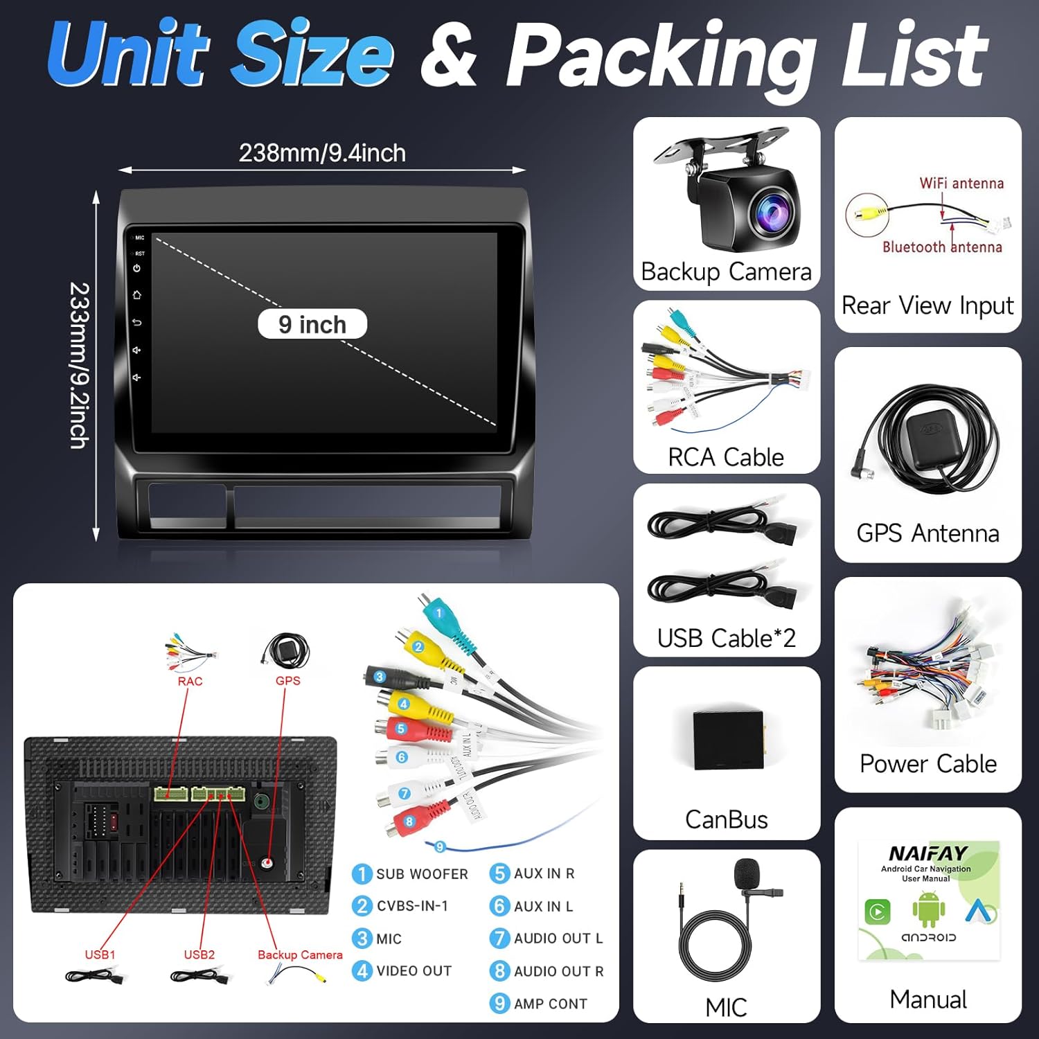 Diagram showing the unit size and a list of all included accessories and cables in the Naifay car radio package.