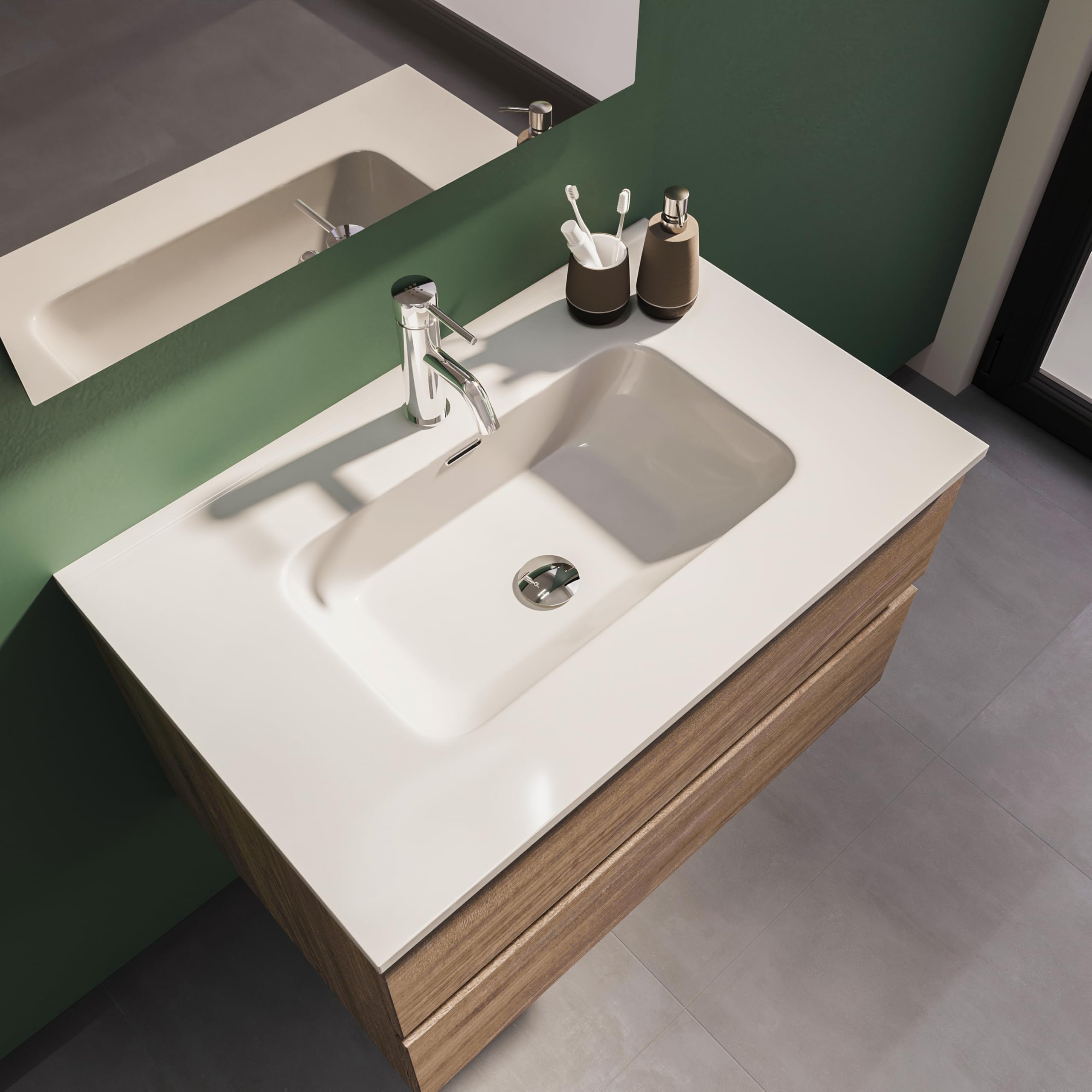 Parama Mobile Da Bagno Sospeso Mod. Yili Con Lavabo In Ceramica Profondità 46cm Specchio Filolucido Incluso (70cm, Rovere scuro)
