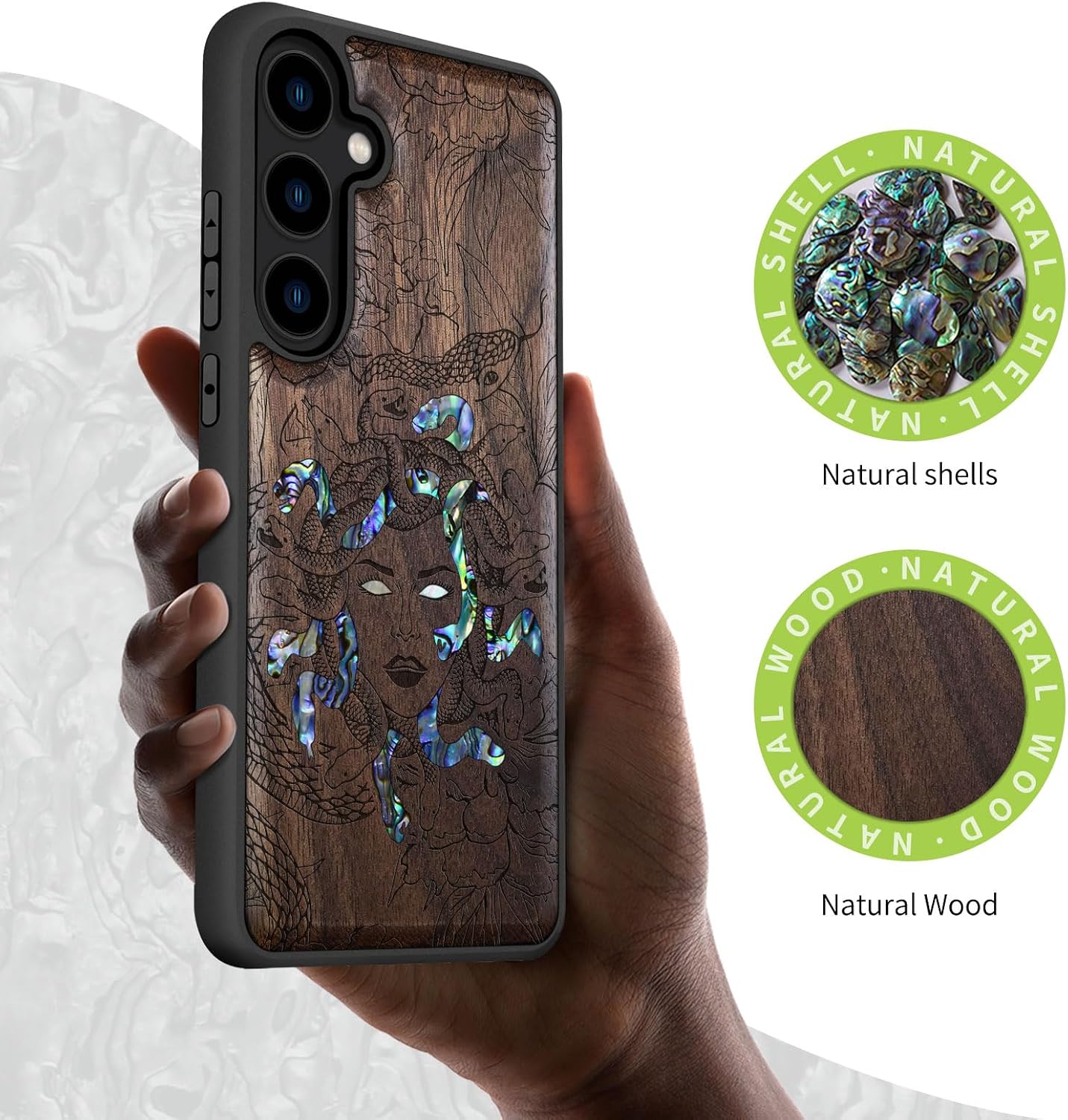 Carveit Designer Wooden Case for Samsung Galaxy S24 Case [Wood Engraving & Shell Inlay] Compatible with Wireless Chargers S24 Cover (The Medusa Enigma-Walnut)
