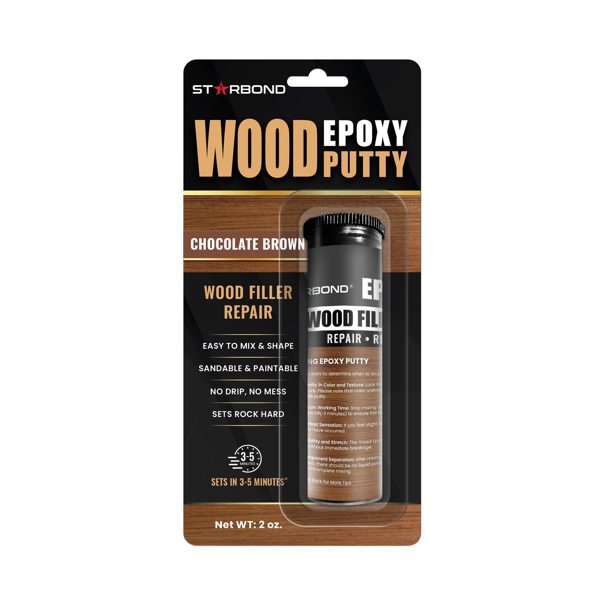Starbond Chocolate Brown Wood Filler Epoxy Putty (2 oz) – Fast-Setting 2-Part Wood Crack Filler & Repair Putty for Espresso Cabinets, Dark Walnut Furniture & Deep-Stained Hardwood