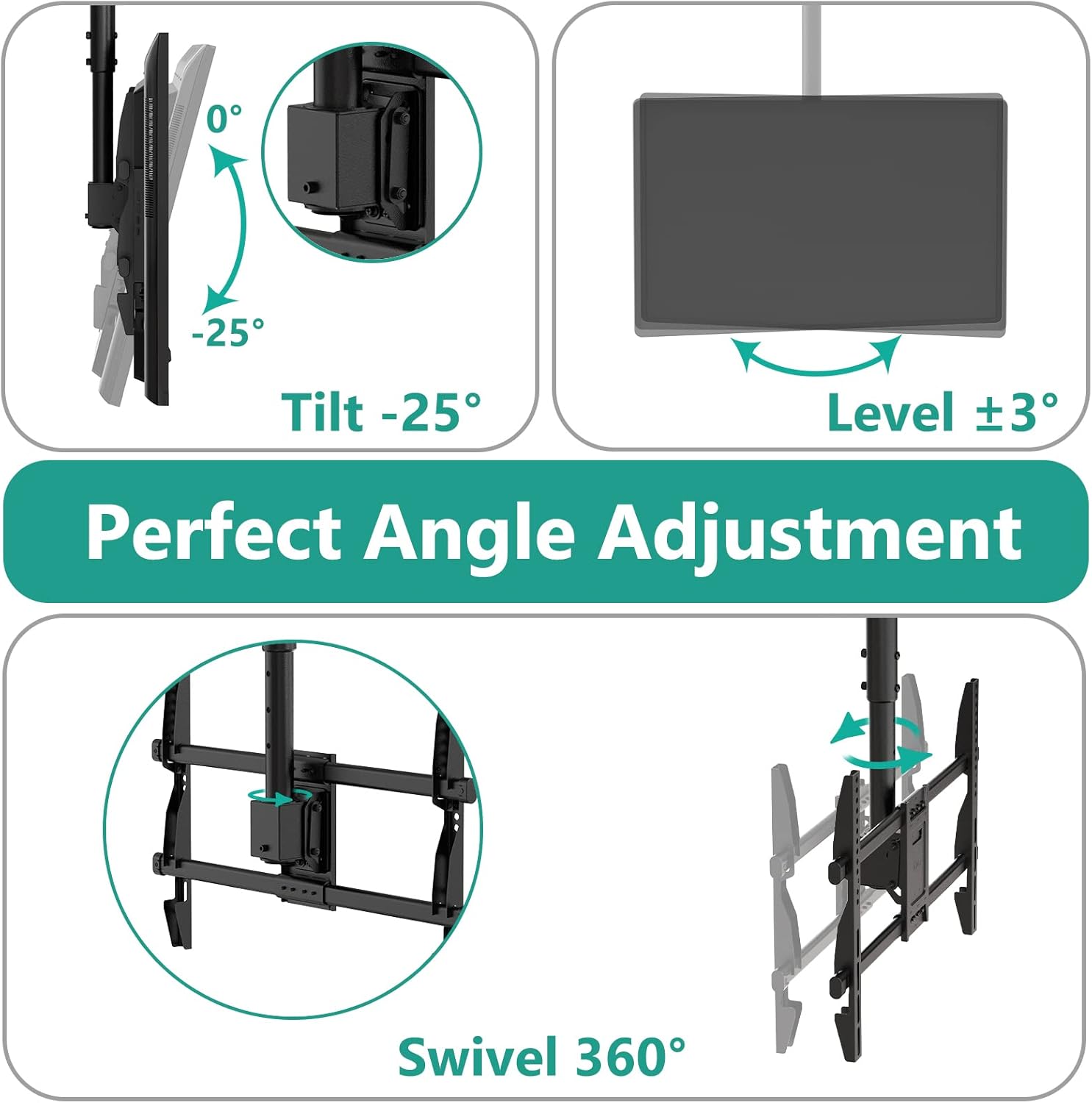 WALI Ceiling TV Mount, Full Motion Adjustable TV Mount Bracket Fits Most Ultrawide LED, LCD, OLED 4K TVs 37 to 70 inch, up to 110lbs, VESA 600x400mm (CM3770), Black