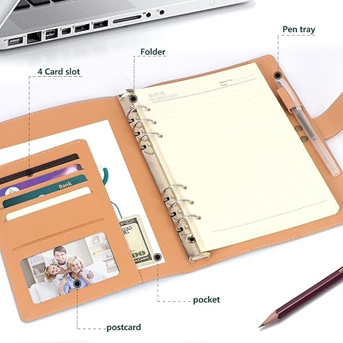 Miniatura 3 de Cuaderno de cuero con anillas A5, carpeta A5 de 6 anillas con papeles de repuesto A5, planificador personal de viaje con carpeta de anillas, color