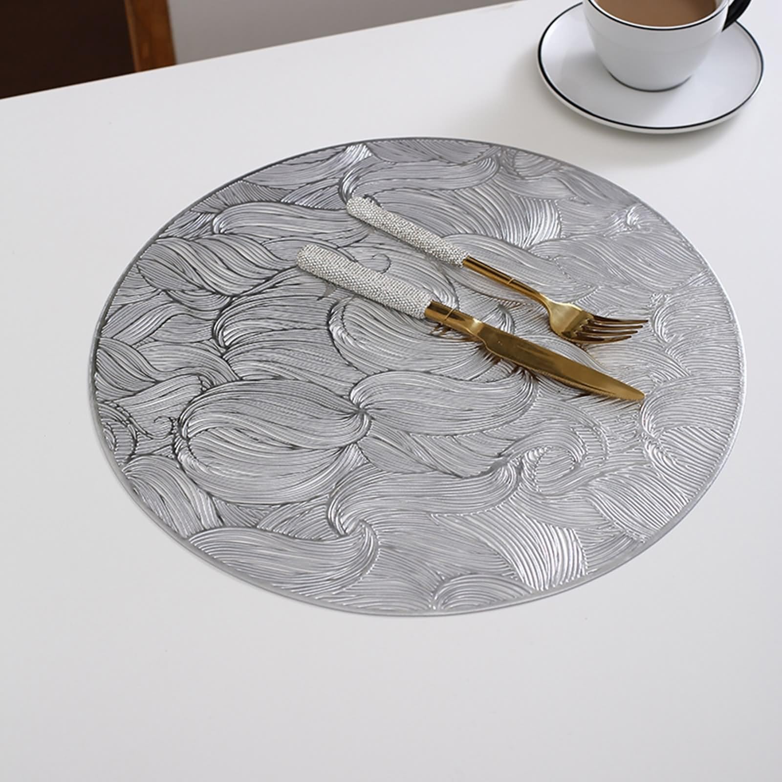 Zestaw 4 talerzy obiadowych w stylu vintage, srebrny talerz 38 cm wzór puste winorośle PVC