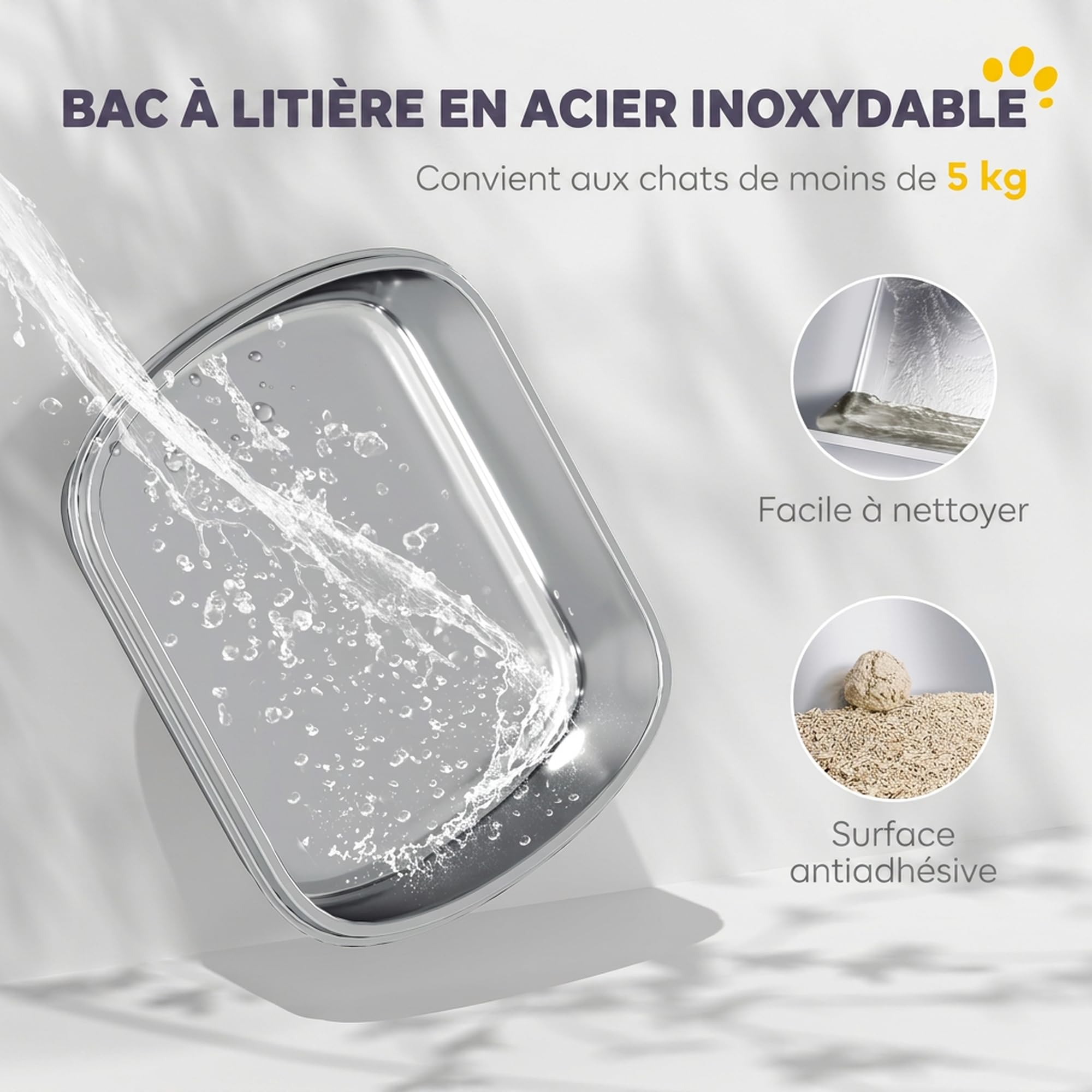 PawHut Bac à Litière Fermé en INOX pour Chat Pelle 52,4x41,3x39,8cm Blanc | Maison de Toilette pour Chat, Couvercle Amovible, Entrée Frontale et Sortie Supérieure, Sachet Désodorisant