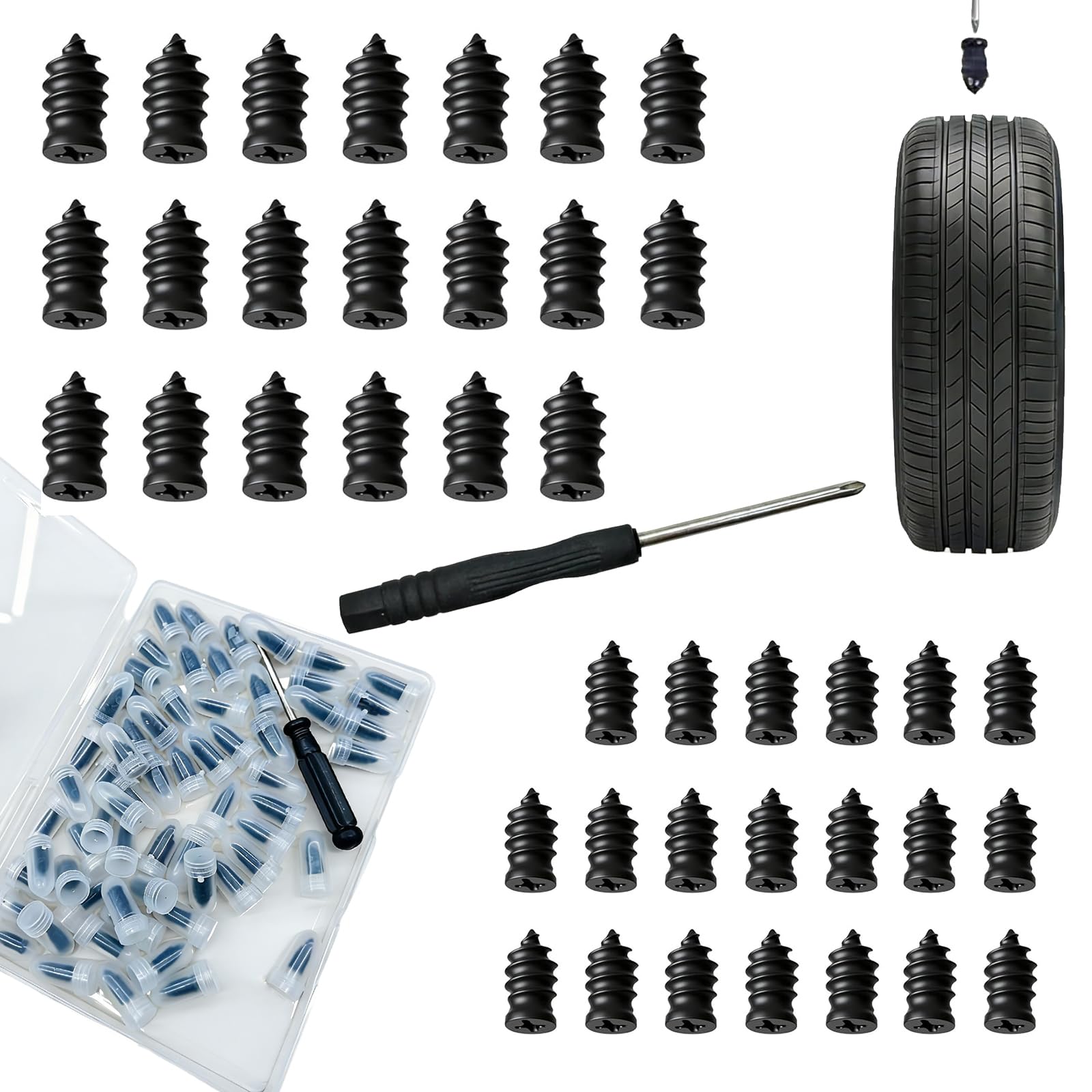 40pcs Tire Repair Plug Kit Vacuum Tire Repair Kits Spiral Rubber Nails Tire Screw Plug Fast Tool Self
