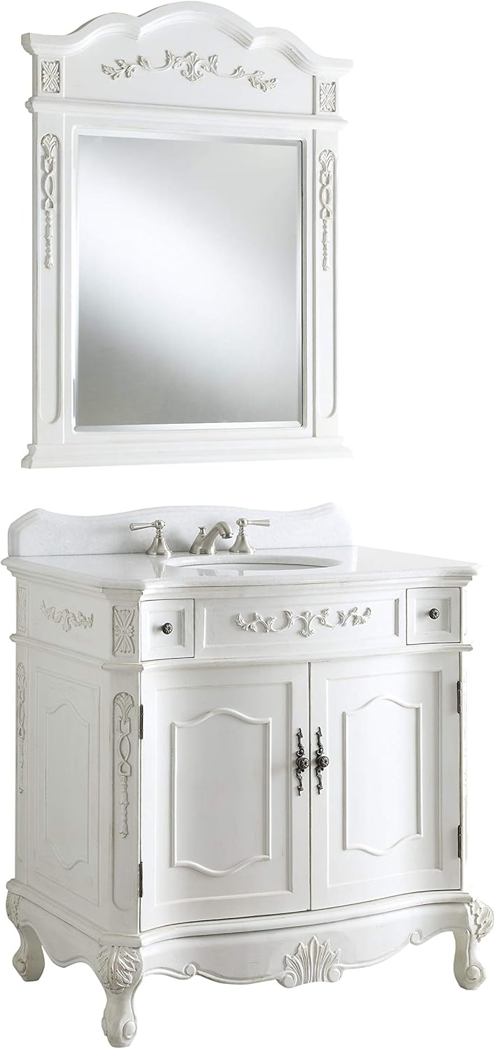 Benton Collection 36” Traditional Antique White Fairmont Sink Vanity w/Mirror BC-3905W-AW-36-MIR