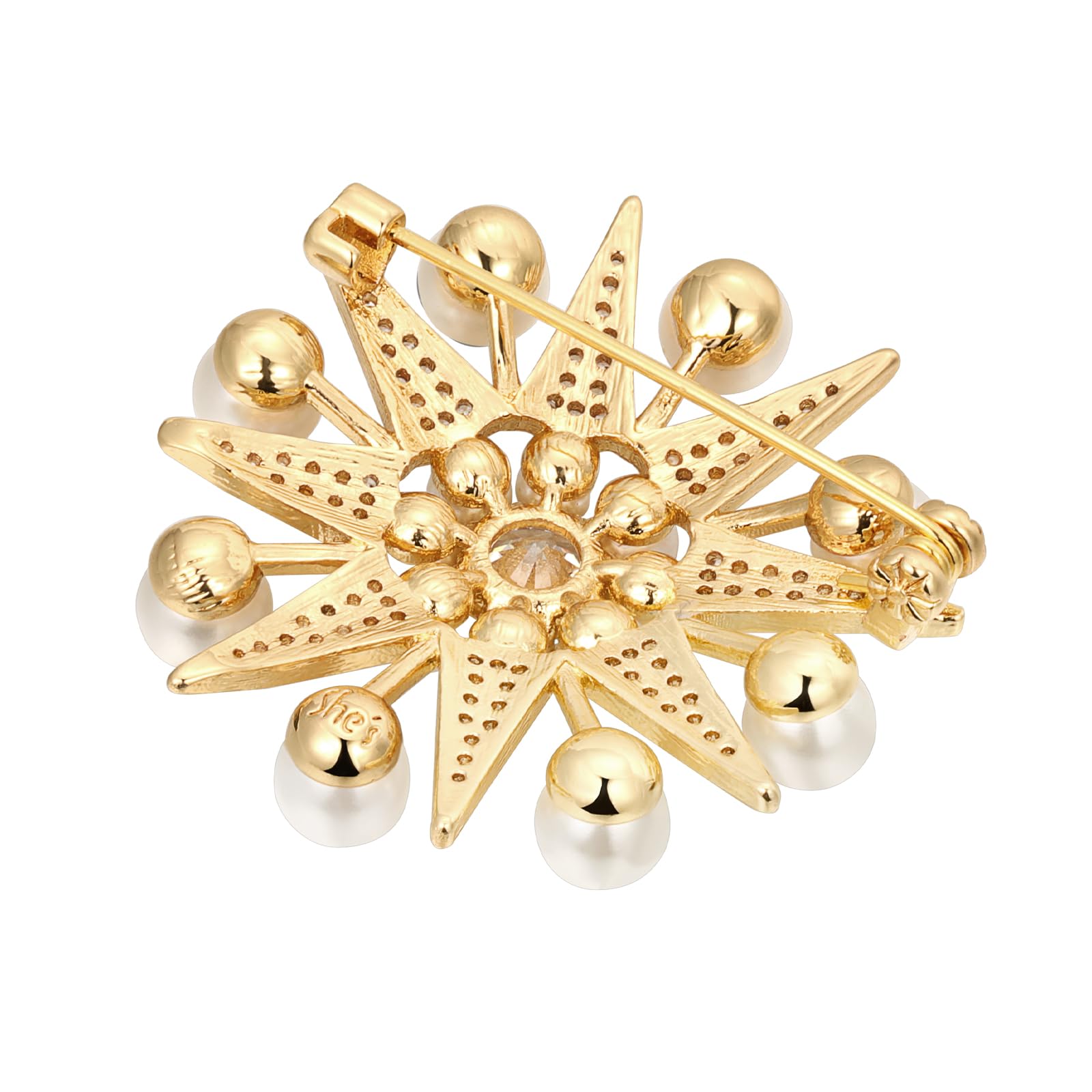 Vintage Perlen-Brosche mit Mond und Stern, Kristall-Strass-Brosche, 8-zackiger Stern, Anstecknadel, Barockperle, Goldstifte und Broschen, Schmuck, SHE'S FREE STYLE JUST FOR YOU Metallbeschichtung