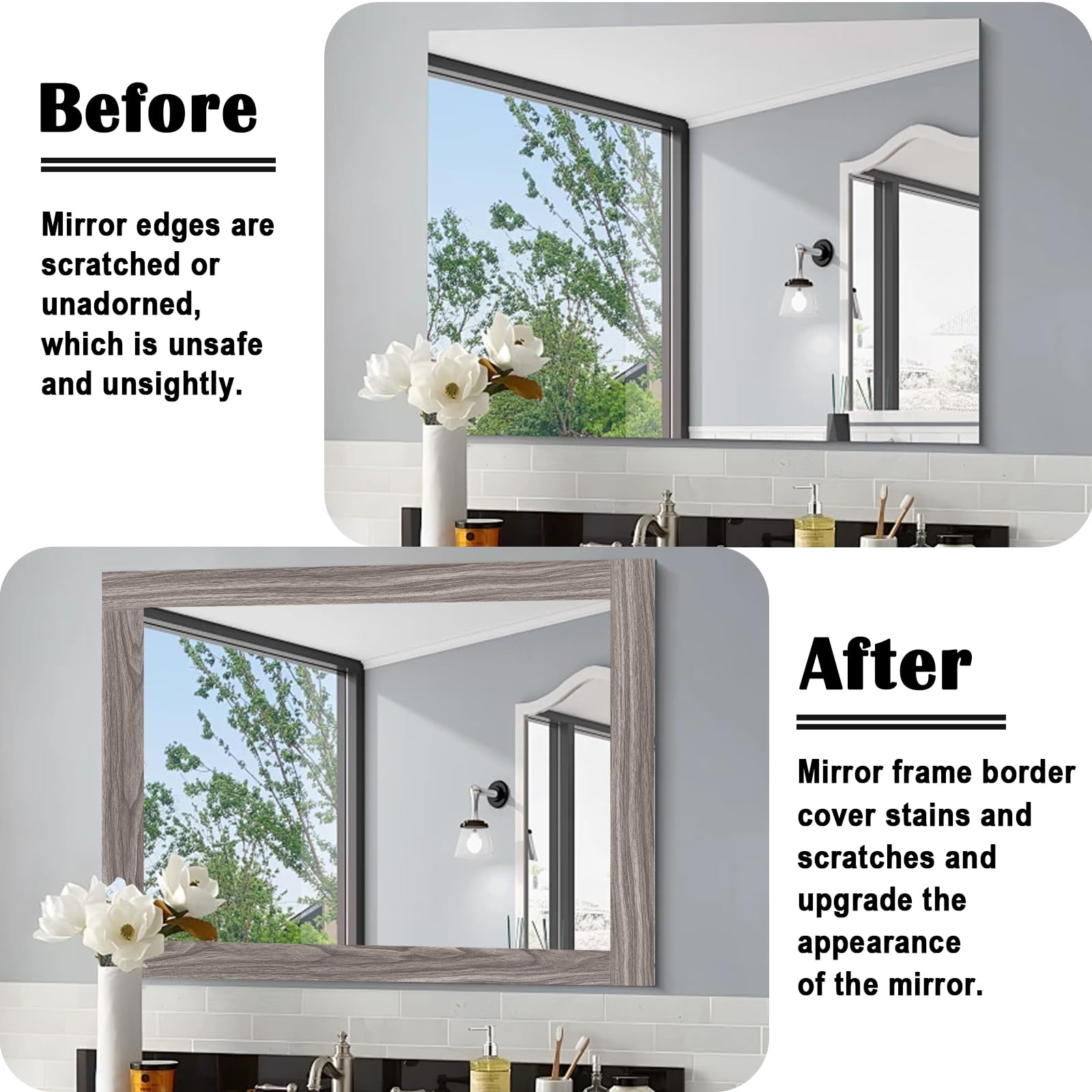 Grey Wood Grain Mirror Border - Peel & Stick -2 Grey Wood Grain Mirror Border - Peel & Stick -2