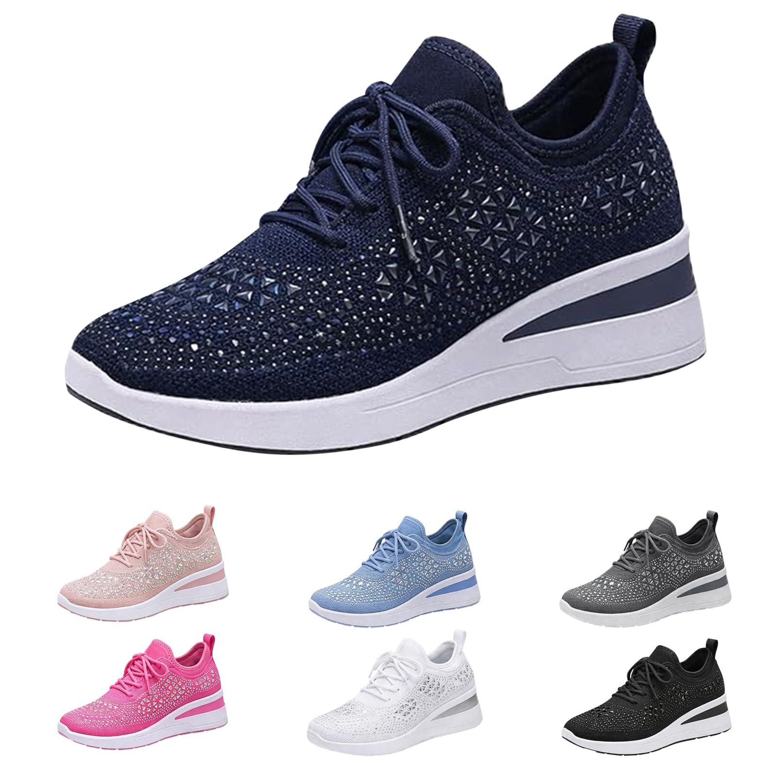Scarpe da ginnastica da donna con plateau impreziosite con strass e maglia traspirante per abiti casual alla moda, Blu scuro, 40 EU