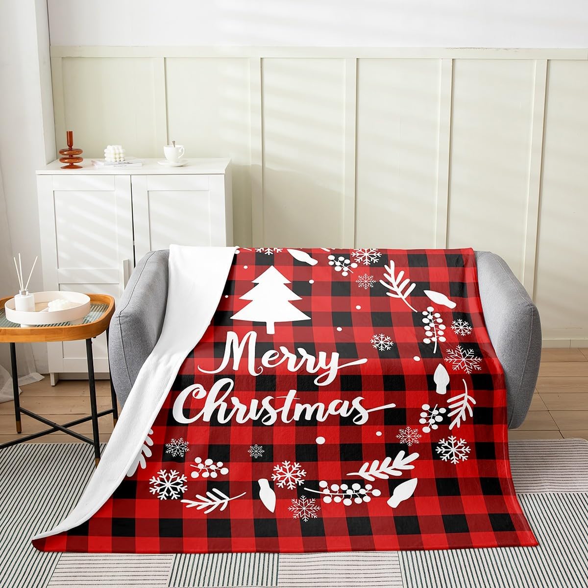 Merry Christmas Flannel Blanket for Kids,Christmas Tree Snowflake Fleece Throw Blanket for Bedroom Sofa Dorm Decor,Red Grid Bedding Set,Baby (30 x 40 Inches)