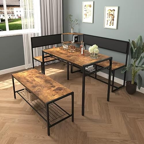 Miniatura 6 de KEIKI Juego de mesa de comedor de esquina de 3 piezas para 4-6, juegos de mesa y sillas de cocina industrial con almacenamiento y banco, mesas