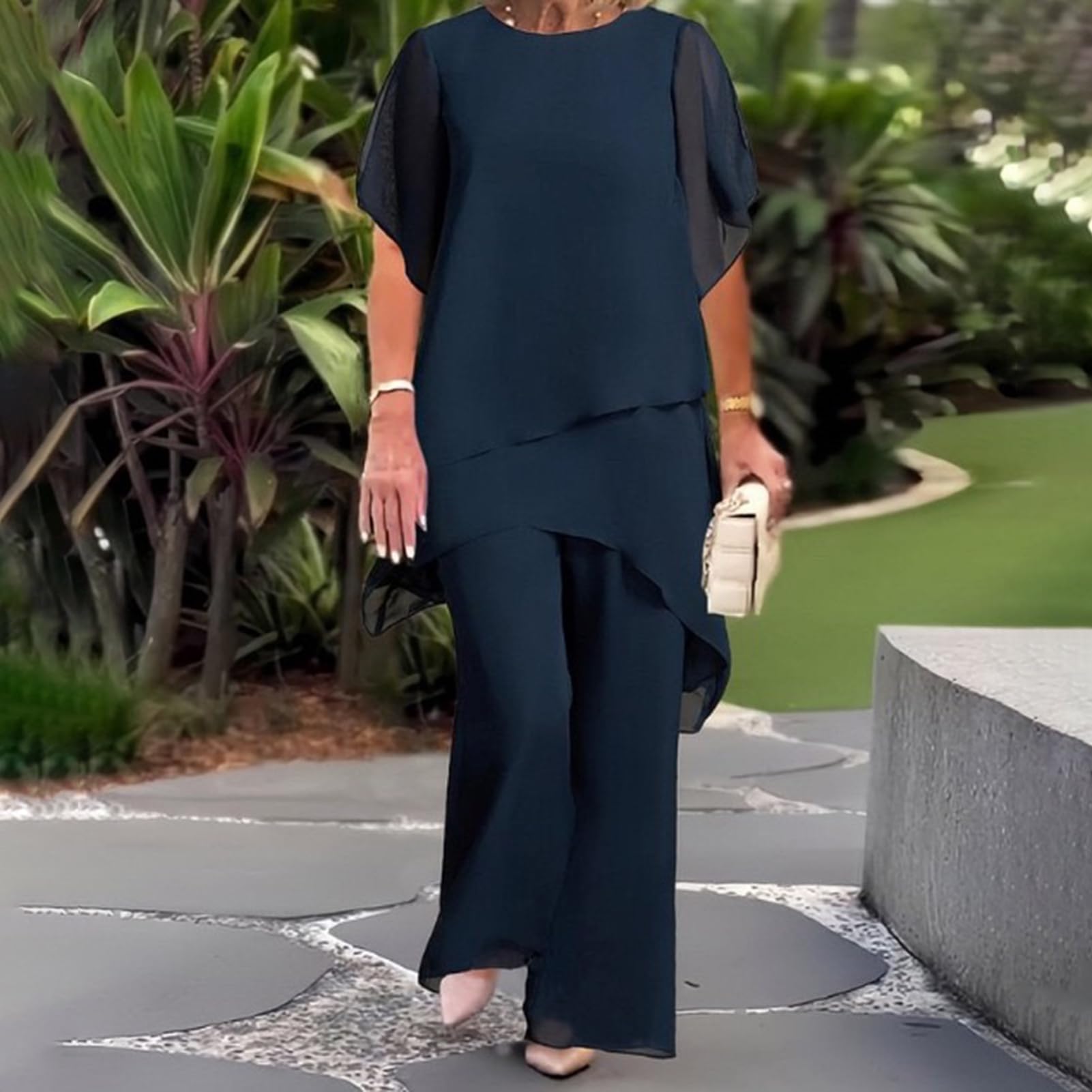 Mujeres Casual Dos Piezas Conjunto de Dos Piezas Traje de Ajuste Suelto Mujeres Gasa Color Sólido con Pantalones Anchos Volantes Capas Asimétricas para la Boda de Primavera Invitados o