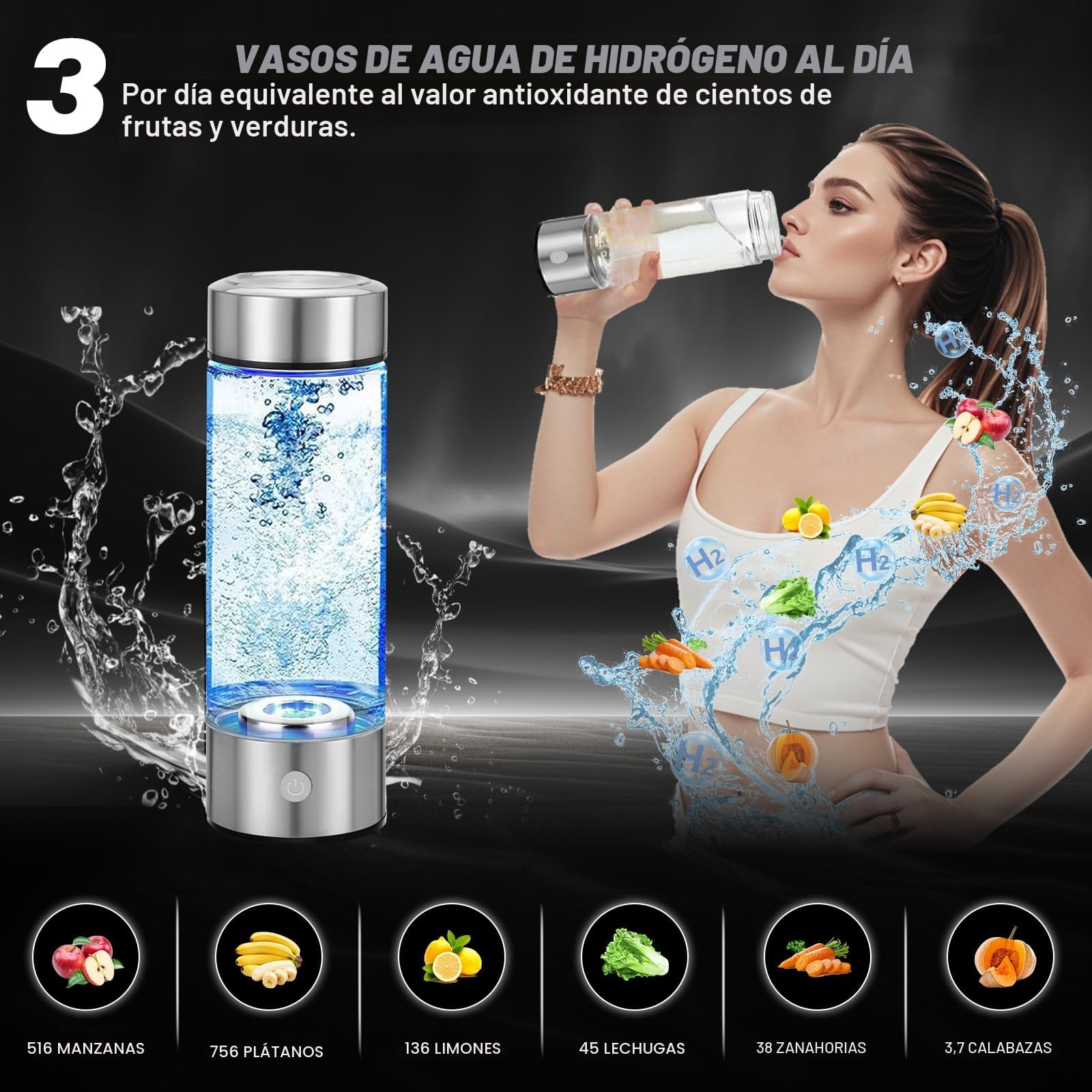 Botella de agua de hidrógeno rica en hidrógeno: tecnología SPE/PEM mejorada, botella portátil recargable de vidrio (adecuada para agua purificada y destilada)