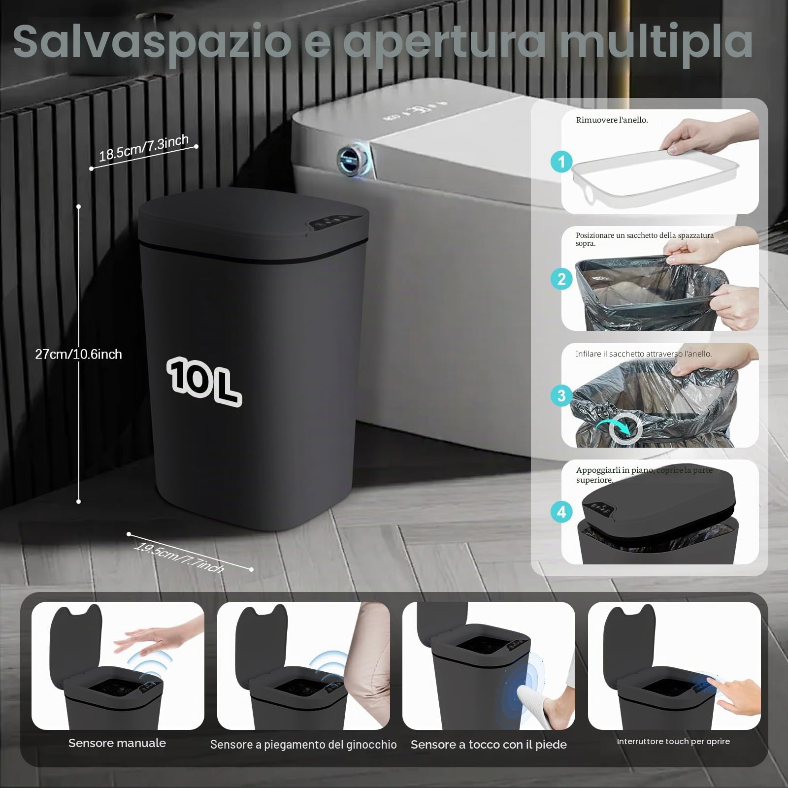 LIROPAU 2x Pattumiera Bagno Automatica 12L con Sensore di Movimento | Cestino intelligente impermeabile con coperchio, design sottile in plastica ideale per cucina, bagno e ufficio