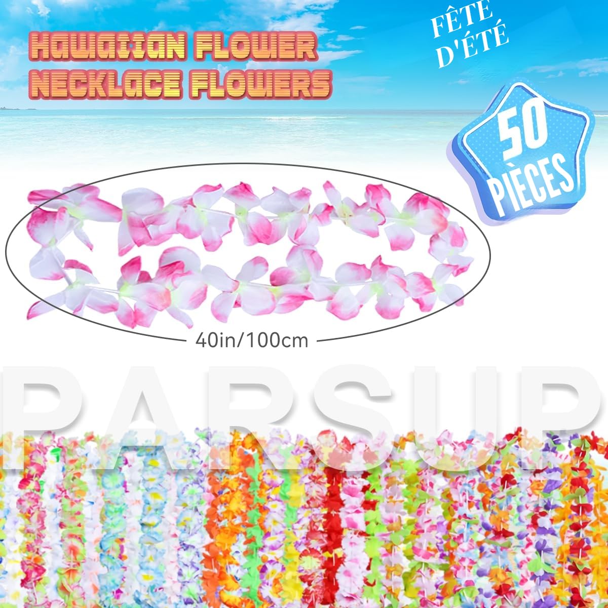 Lot de 50 décorations de fête hawaïennes, collier hawaïen en vrac pour fête tropicale, plage, Luau, Aloha