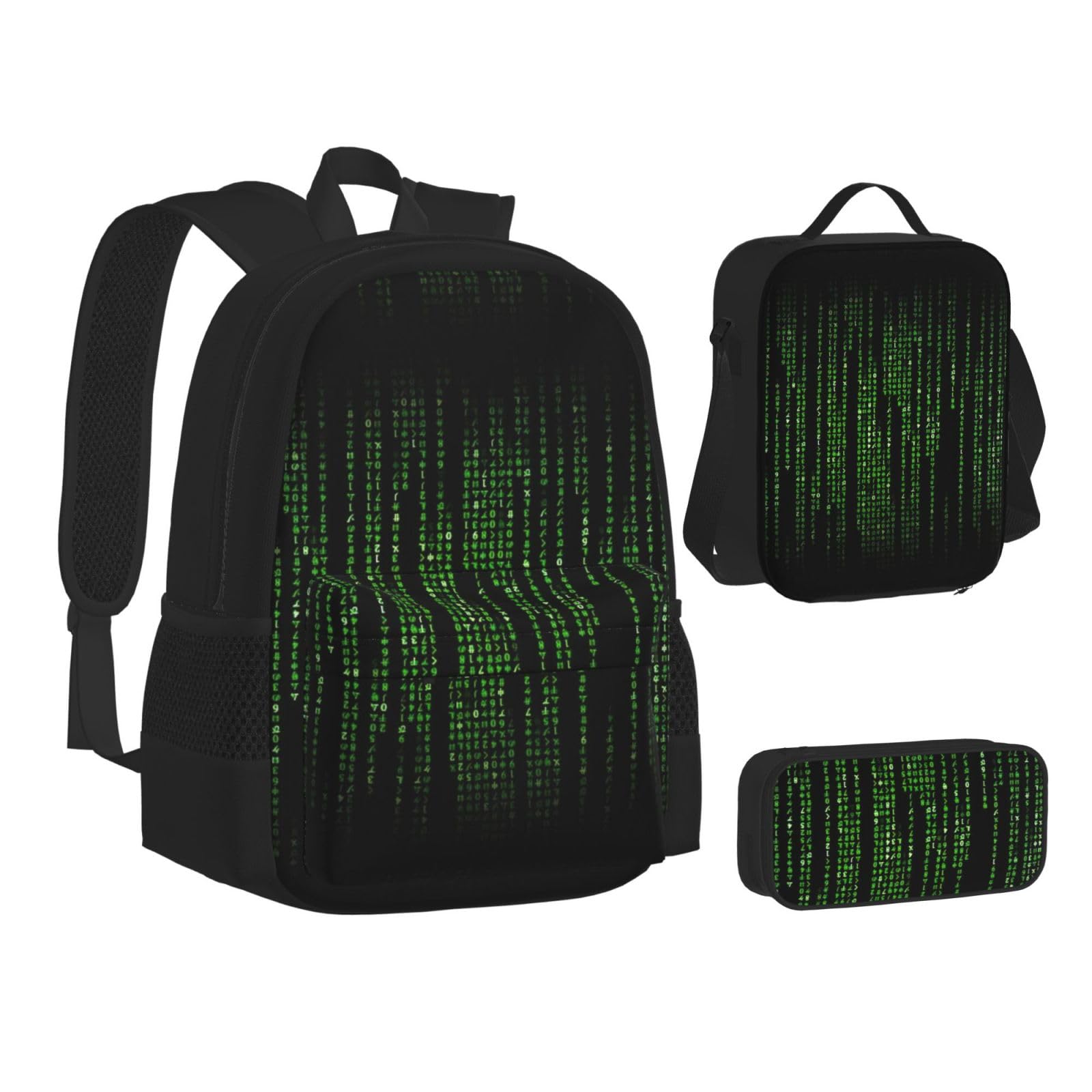 YHBLYKXP Green Number Binary print 3-Piece Casual Backpack Set (Backpack + Waist Bag + Small Pouch), Unisex Daypack