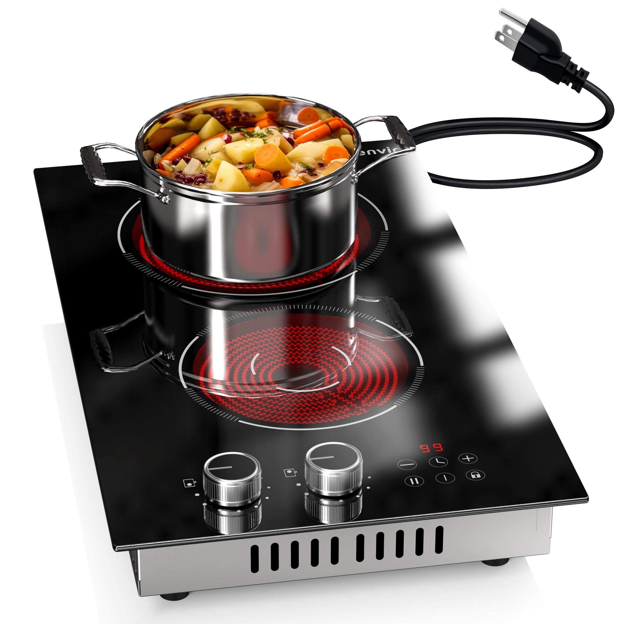 2 Burner Electric Cooktop 110V with Plug, 12 Inch Stove Top