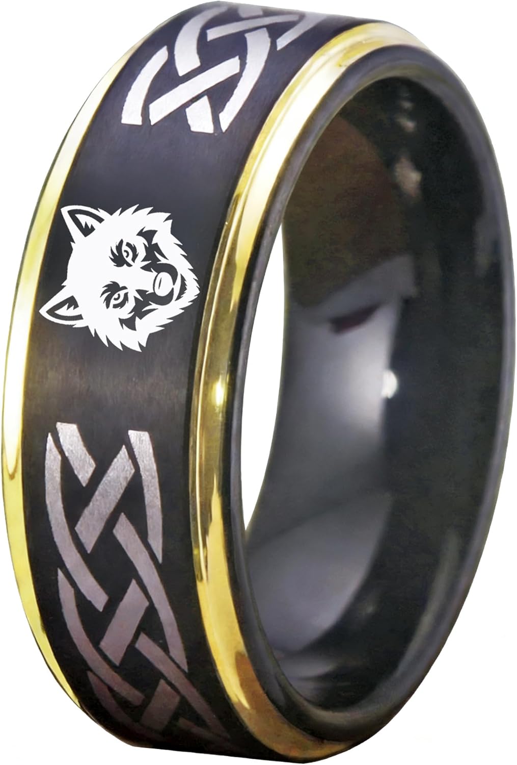 CLOUD DANCER 8mm Tungsten Carbide Ring | Celtic Knot & Wolf Head Engraved Wedding Band | Comfort Fit Promise Ring for Men | Scratch Resistant & Durable - FREE Custom Engraving