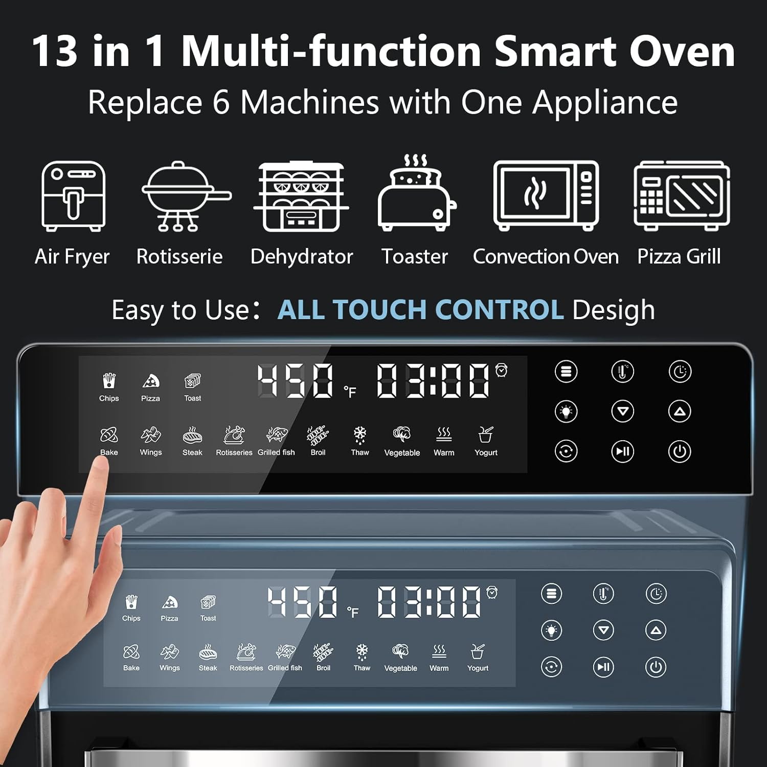 Close-up of the touch control panel with various cooking presets like Chips, Pizza, Toast, Bake, Wings, Steak, Rotisseries, Grilled Fish, Broil, Thaw, Vegetable, Warm, Yogurt
