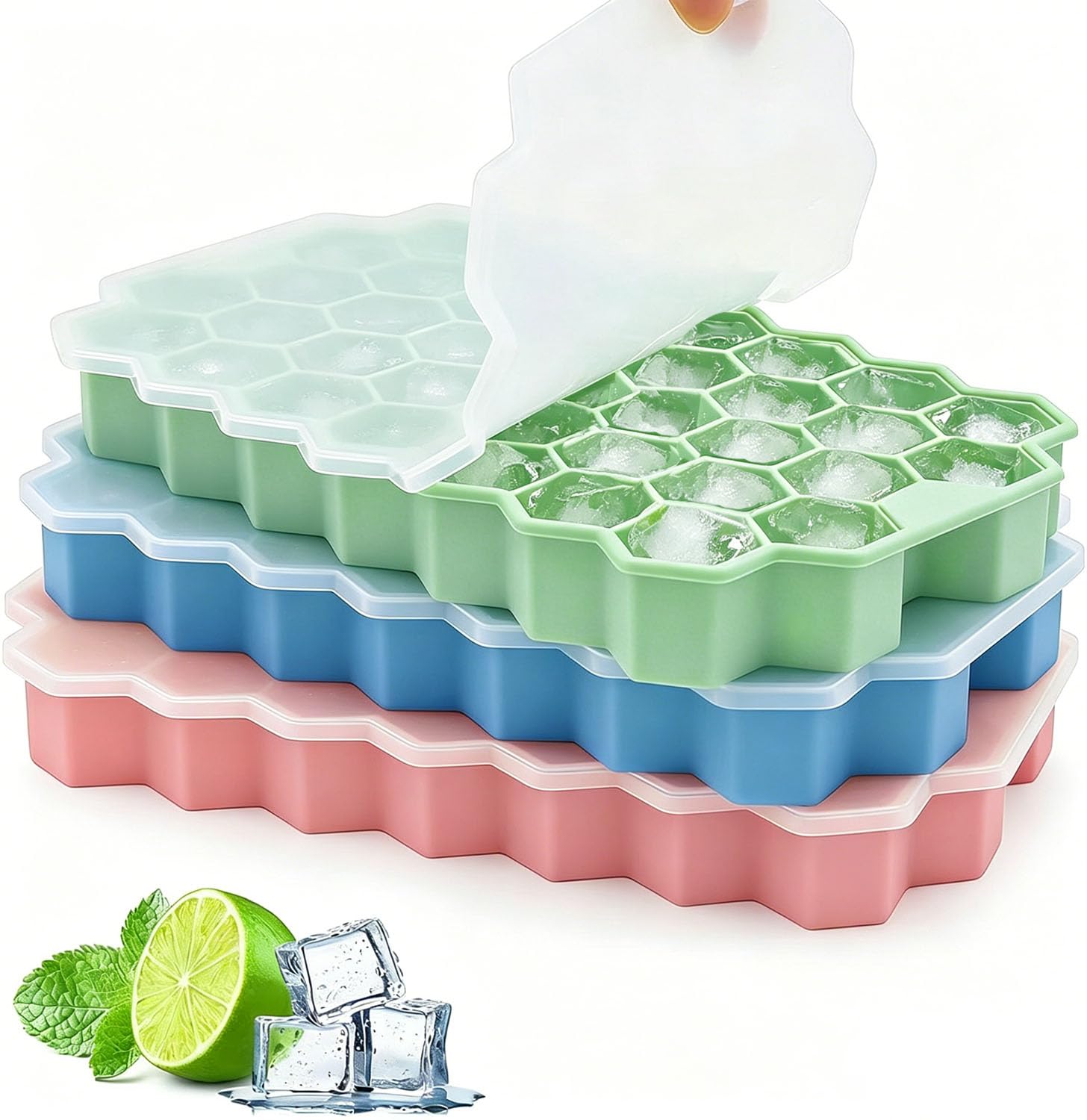 Zonopy Ice Cube Trays for Freezer, 3 Pack Silicone Ice Cube Mold with Lid-37 Grid, Easy-Release Reusable 111 PCS Small Ice Cubes for Ice Bucket Iced Coffee Cocktail Whisky Soup Food