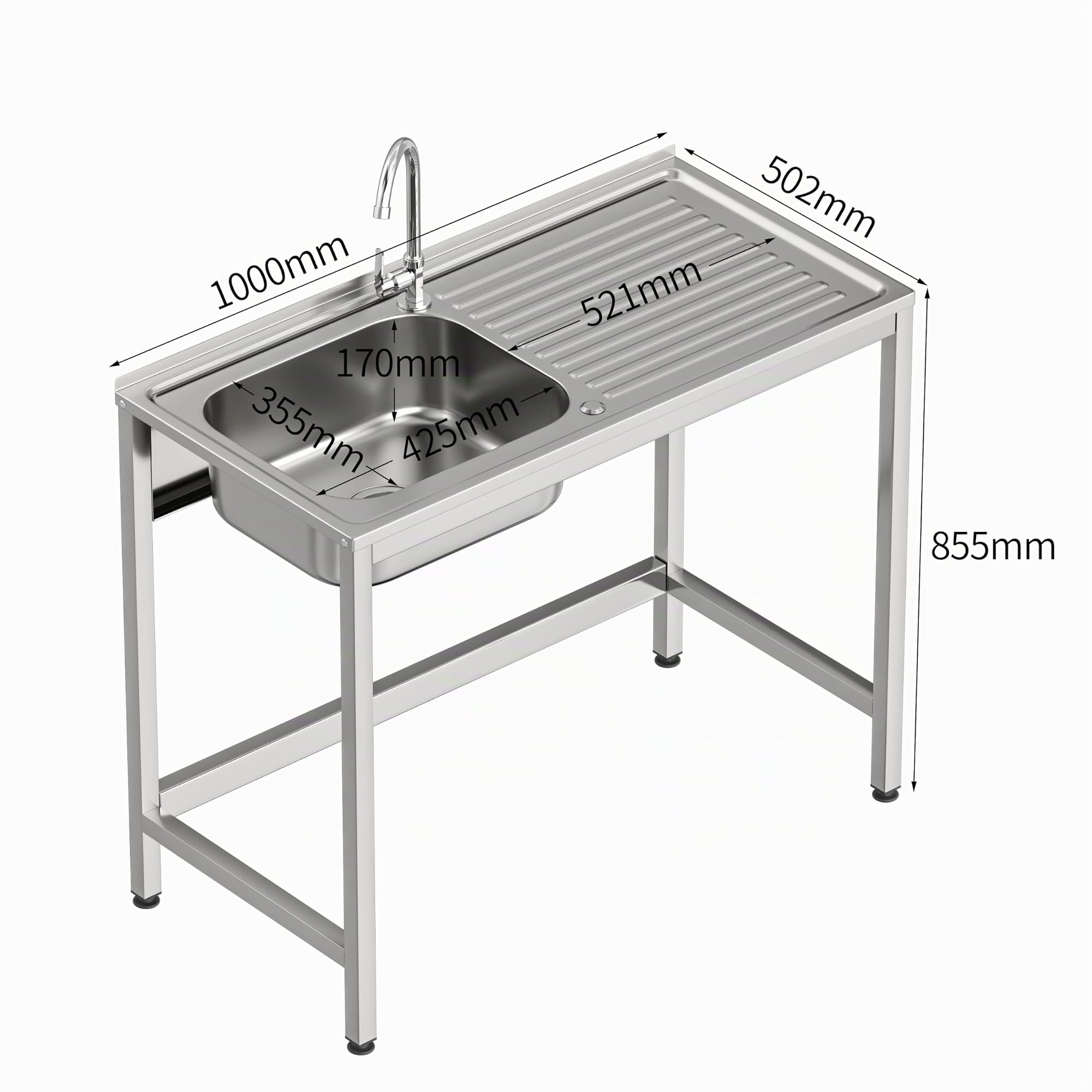 Fregadero Industrial Acero Inoxidable | 1 Seno con Escurridor | 1000x500x850 mm | Acabado Pulido Satinado | Ideal Hostelería, Barra y Cocina Profesional