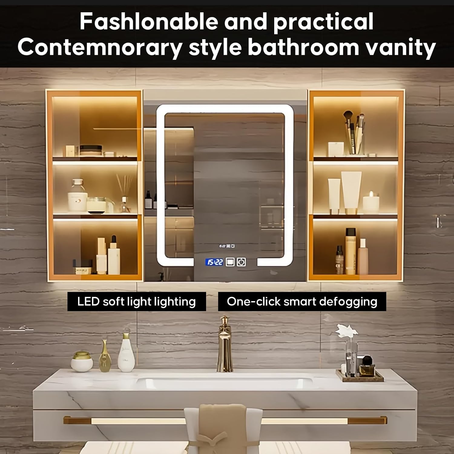 LED smart defogging mirror cabinet with touch controls