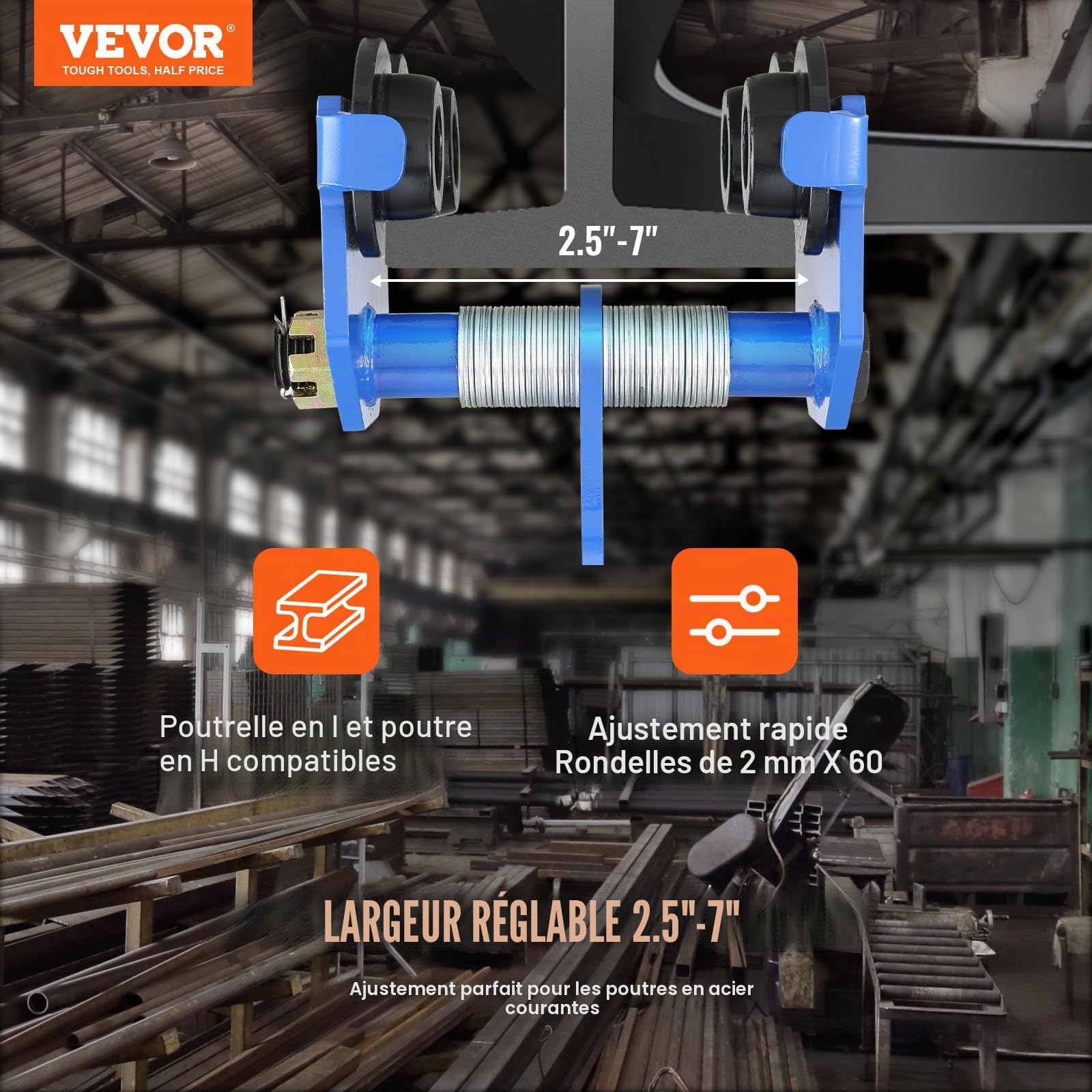 VEVOR Chariot Porte-palan Manuel, Charge 1 Tonne, Chariot à Poutre poussée 2 Roues, réglable pour Largeur Poutre I 63,5-177,8 mm, palan de Garage en Acier allié pour Poutre en I Droite et incurvée