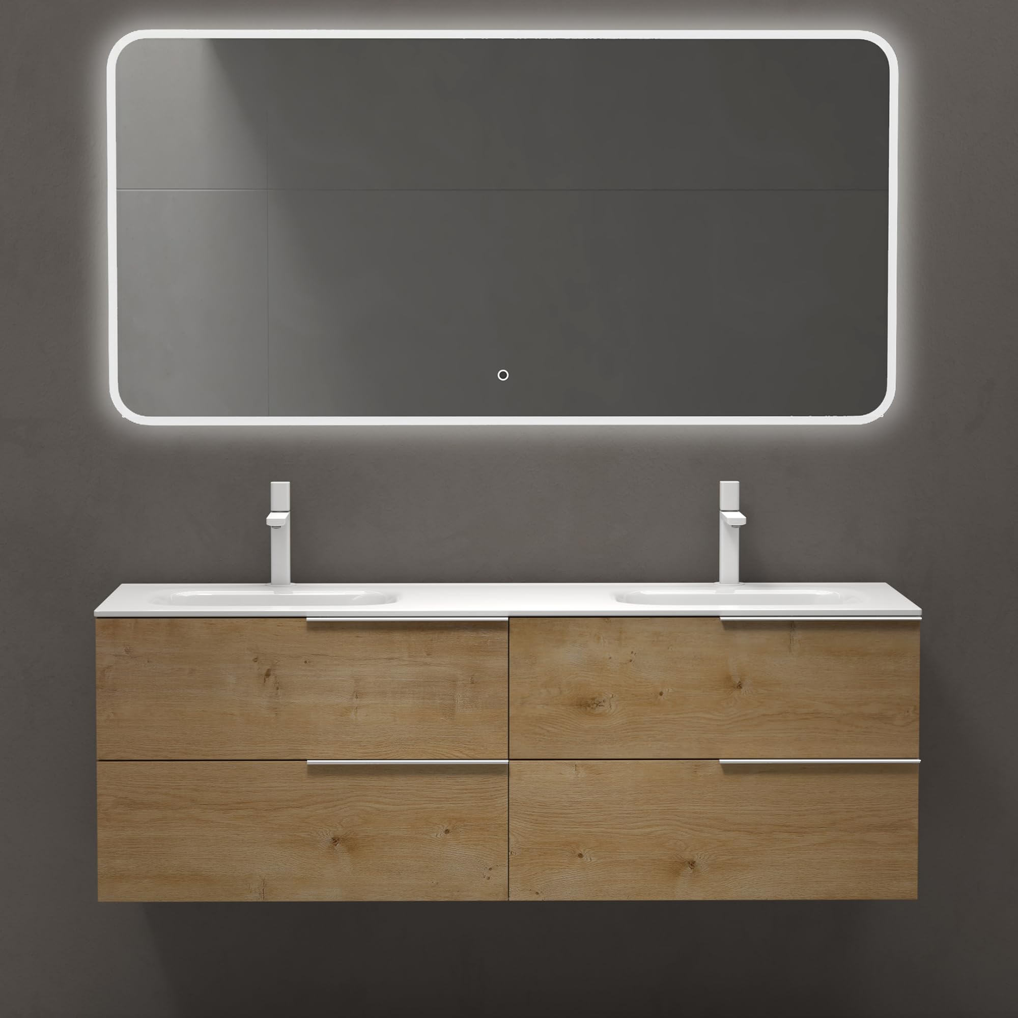 doporro Meuble de Salle de Bain Suspendu 144x48x50cm Ensemble de 2 Pièces | Chêne, avec Lavabo en Solid Surface, Design Vanessa