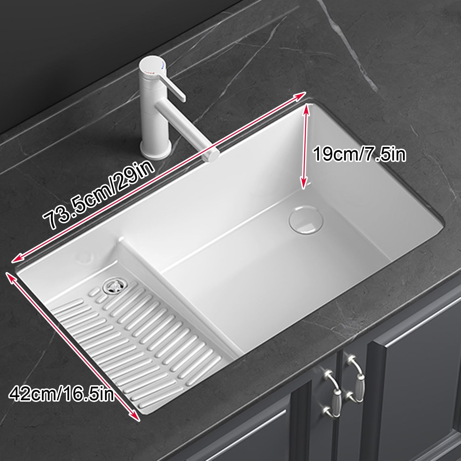 Fregadero de Lavandería Blanco con Tabla de Lavar Integrada, Un Solo Seno con Grifo Extraíble y Kit de Desagüe Completo, Lavabo Sobre Encimera para Cocina y Lavadero(73.5x42x19cm/29x16.5x7.5in)