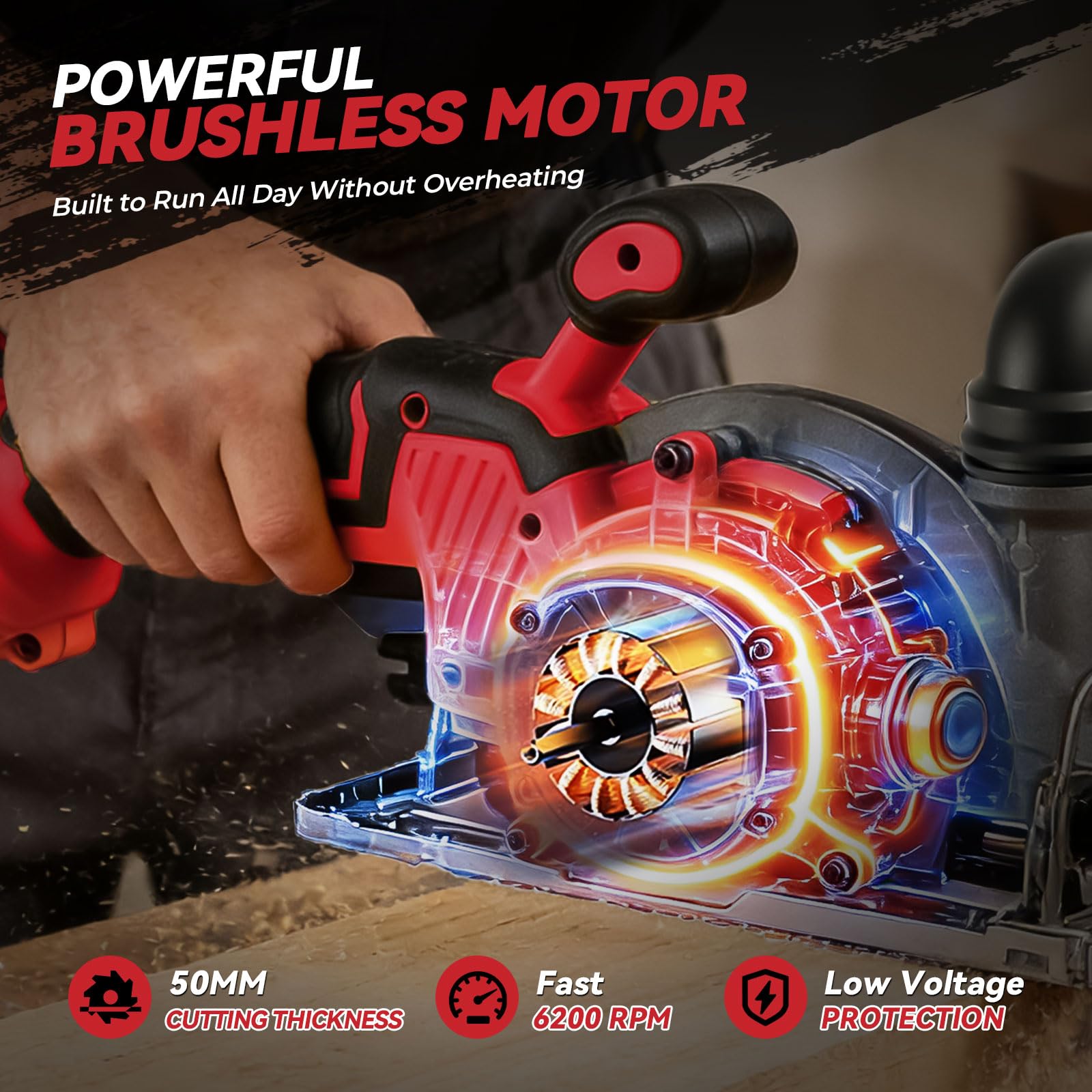 Sega circolare senza fili da 15 cm, compatibile con Milwaukee M18, 6200 giri/min con 2 lame 150 mm, profondità di taglio 50 mm, smussatura 0-45° per taglio di legno, plastica, piastrelle (rosso per