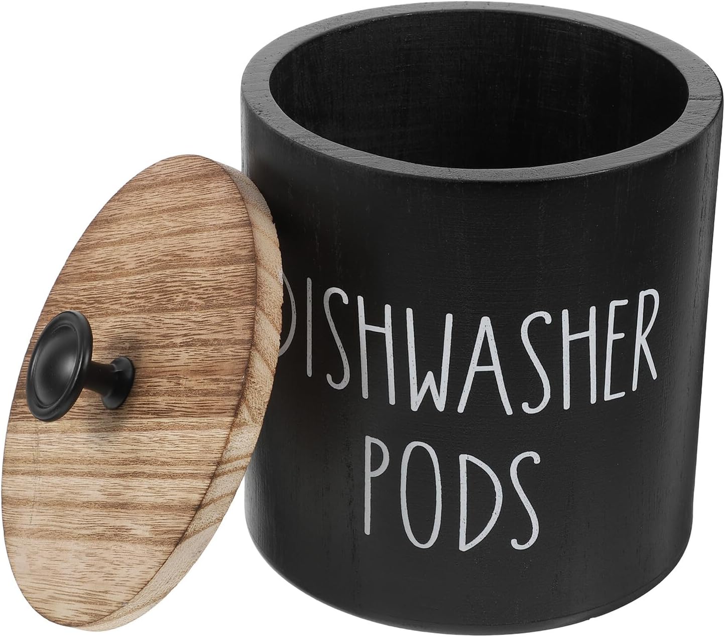 Rustic Round Wood Dishwasher Pod Holder with Lid Laundry Detergent Storage Container for Kitchen Organization Sturdy Natural Finish Laundry Jar for Dryer and Tablets