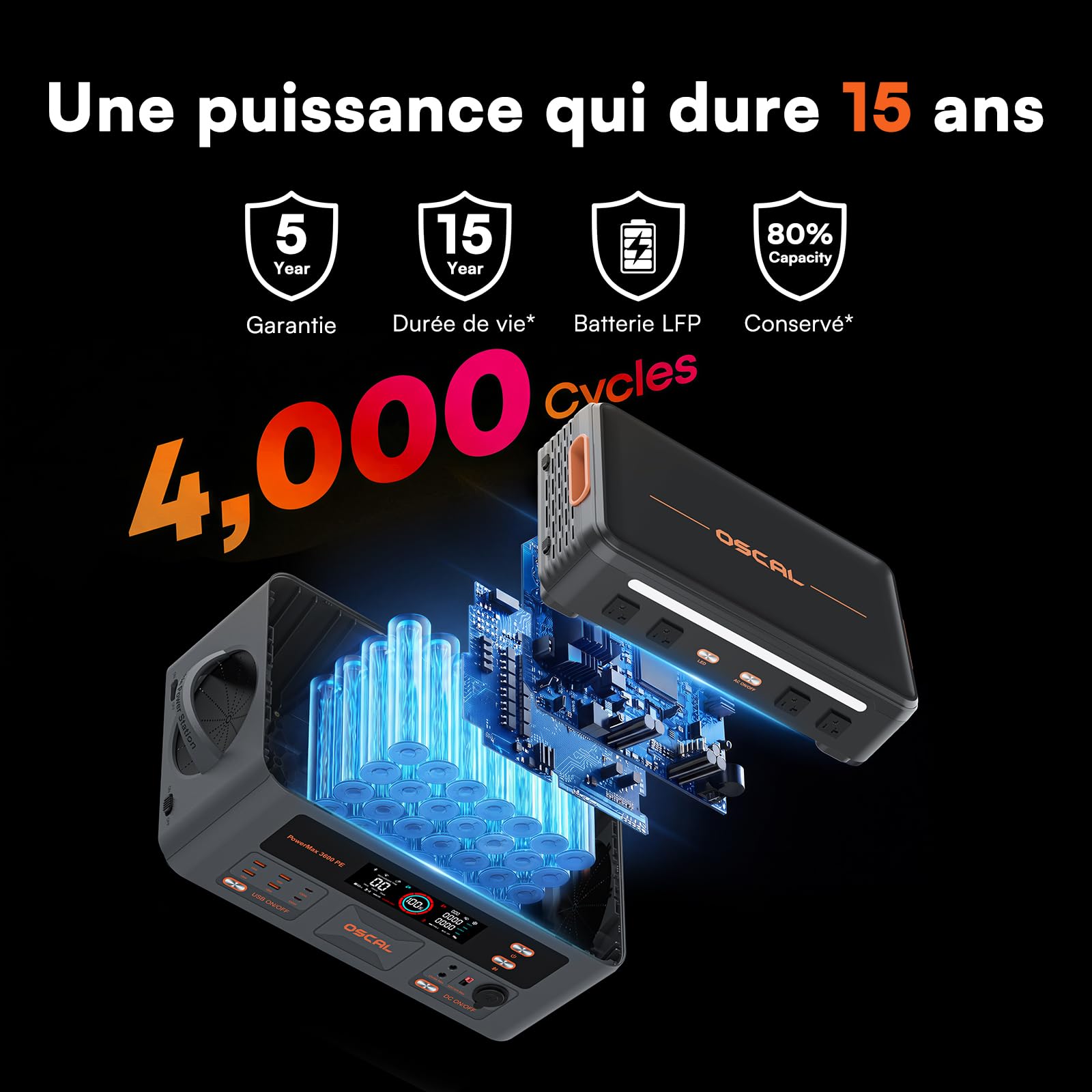OSCAL PowerMax 3600PE Station d'Énergie Portable avec Panneau Solaire 400W, Puissance de Sortie 3600W, Batterie LFP 2016 Wh, Application, UPS, Panne de Courant, Camping, Camping-car, Urgences