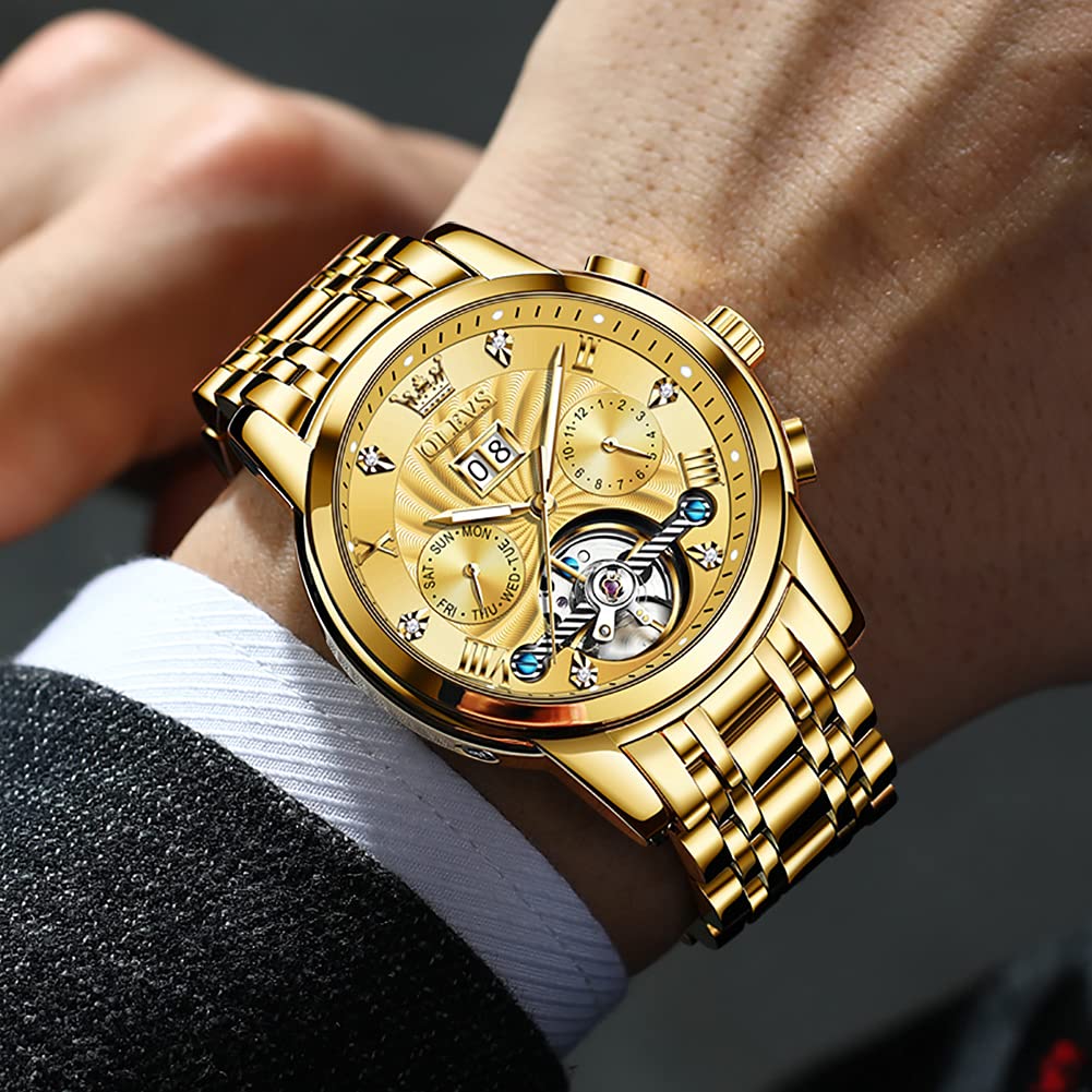 OLEVS Gold Automatikuhren für Herren Tourbillon Automatik Mechanik Luxus-Kleid Edelstahl Armband Leuchtend wasserdicht Herren-Armbanduhr